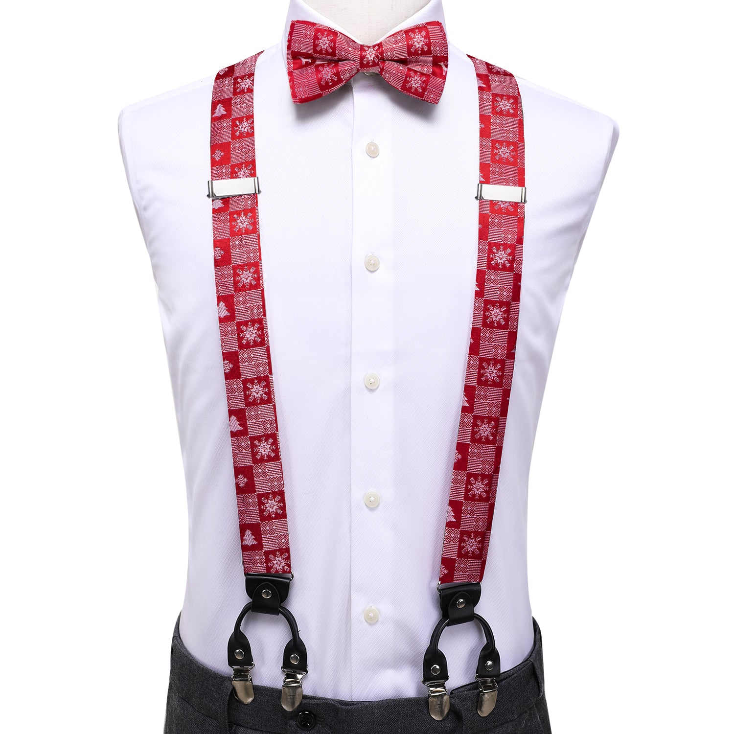 Red White Novelty Suspender Bowtie Hanky Cufflinks Set Christmas