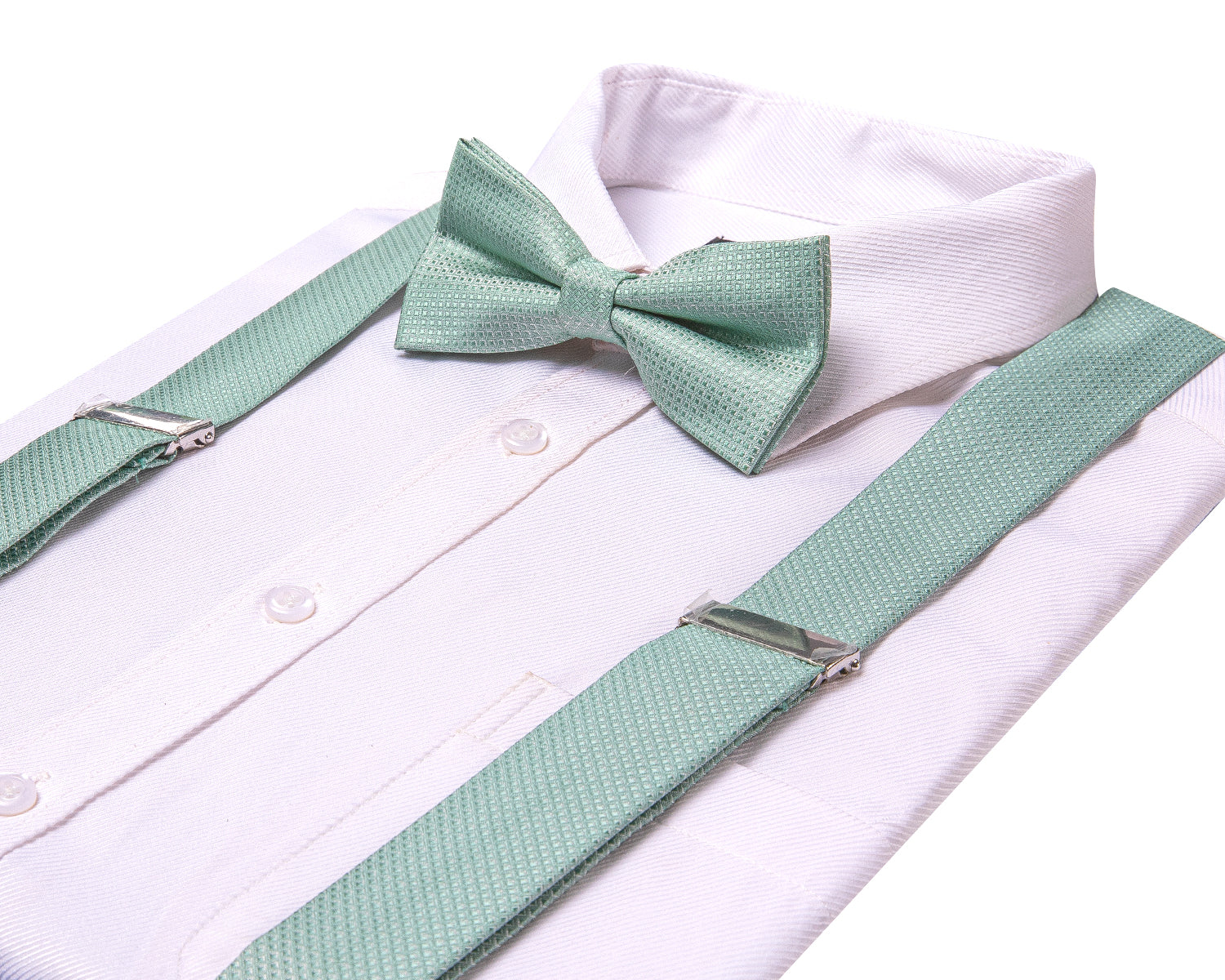 Mint Green Solid Suspender Bowtie Hanky Cufflinks Set