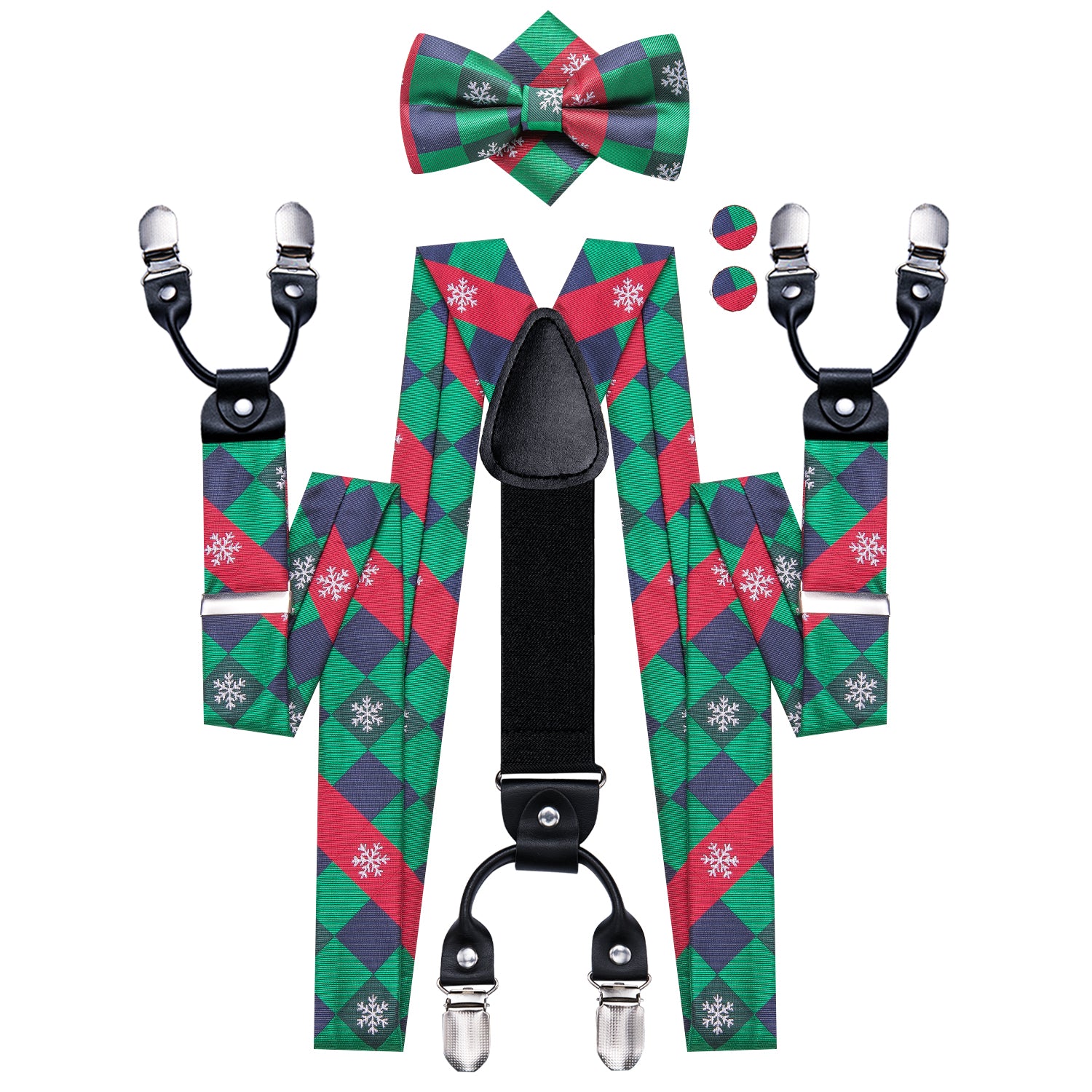 Green Red Novelty Suspender Bowtie Hanky Cufflinks Set Christmas