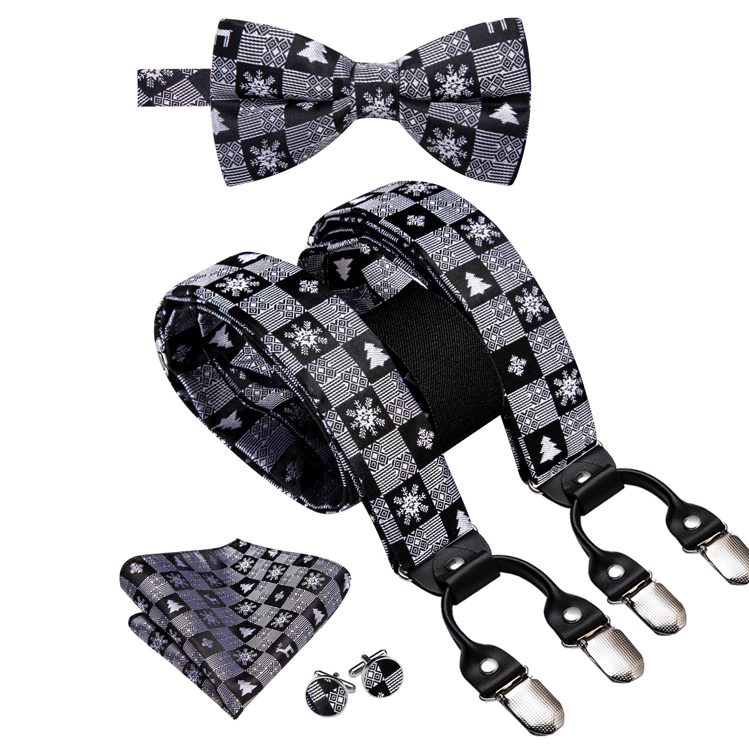 Black White Novelty Suspender Bowtie Hanky Cufflinks Set Christmas
