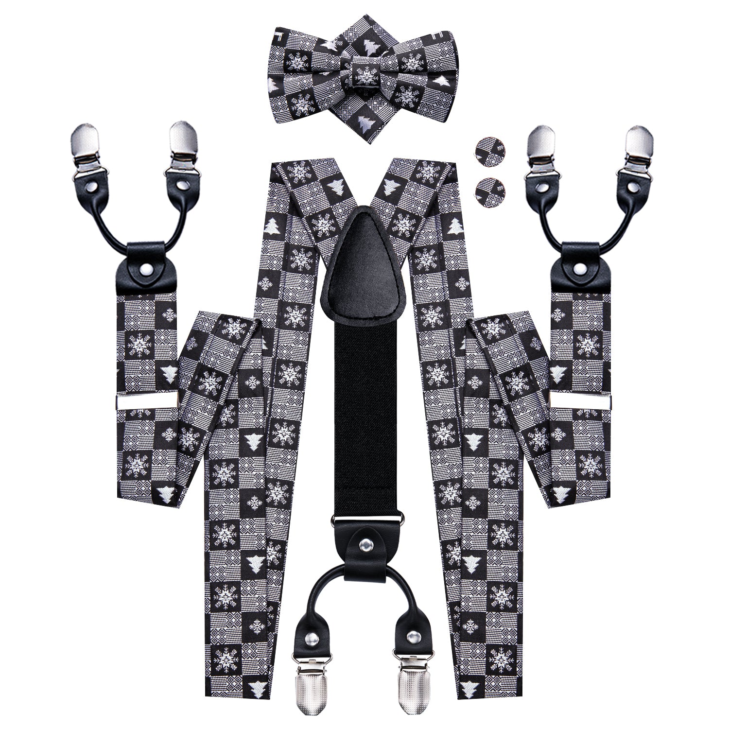 Black White Novelty Suspender Bowtie Hanky Cufflinks Set Christmas