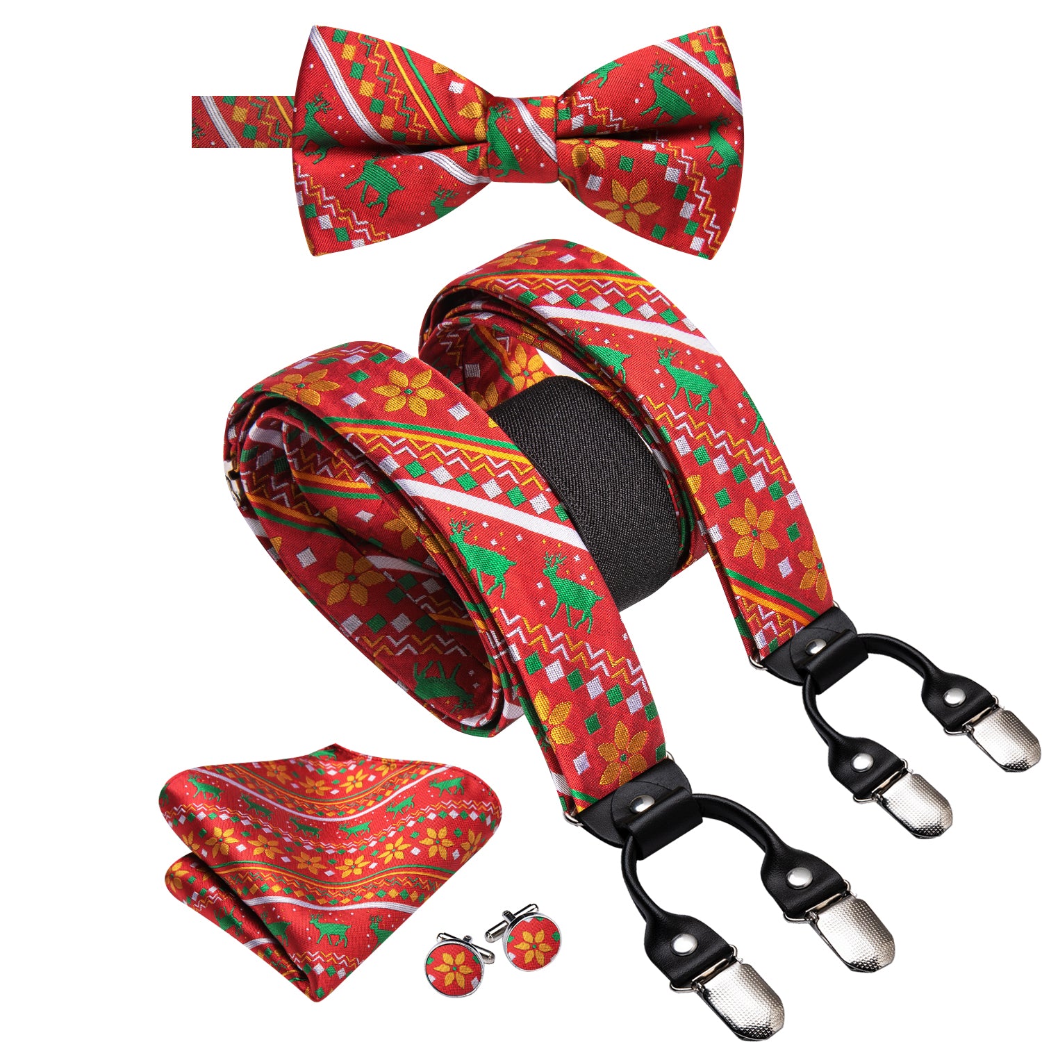 Red Christmas Novelty Suspender Bowtie Hanky Cufflinks Set
