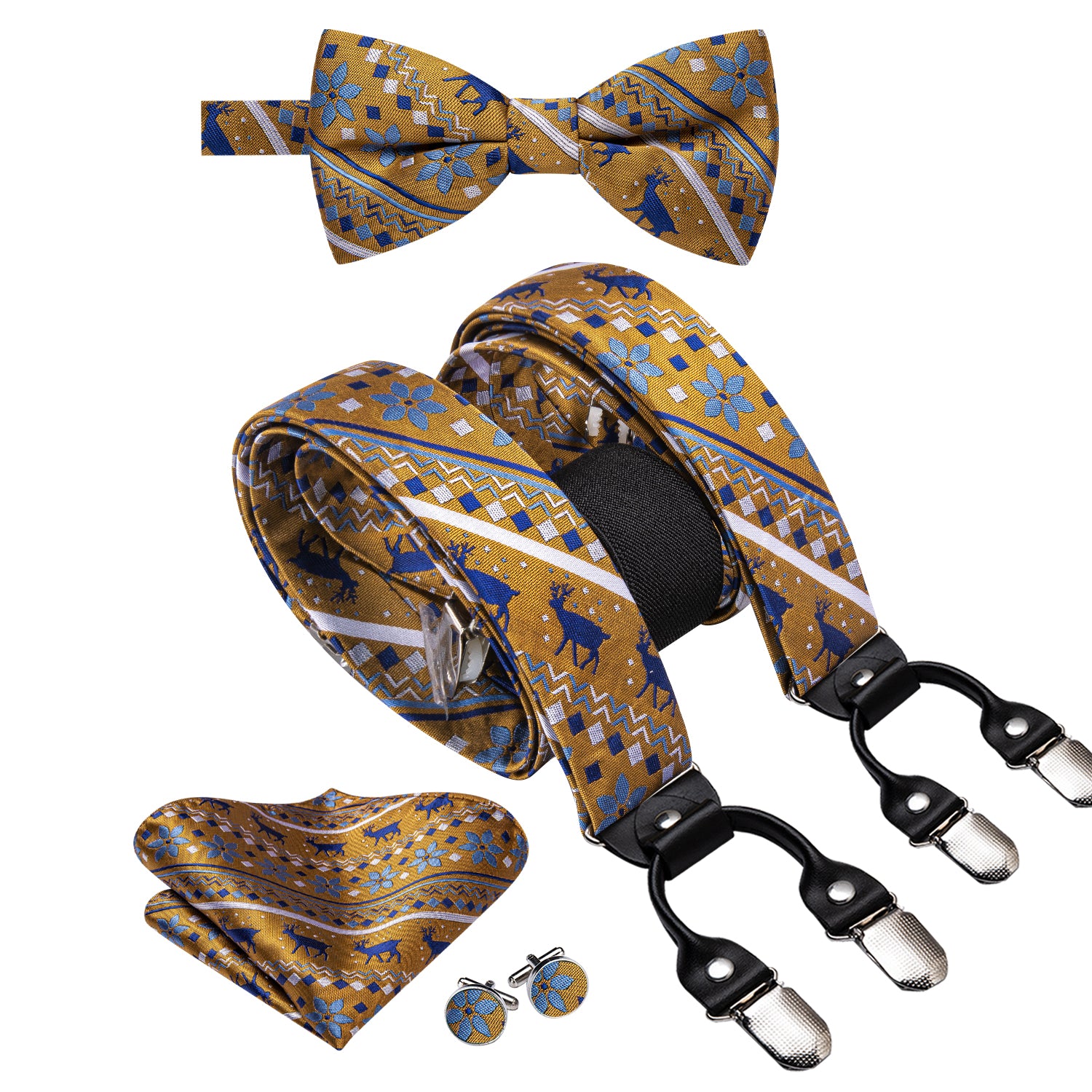 Christmas Golden Blue Novelty Suspender Bowtie Hanky Cufflinks Set