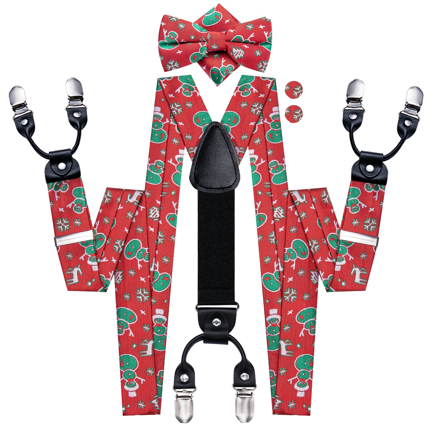 Red Green Christmas Snowman Suspender Bowtie Hanky Cufflinks Set