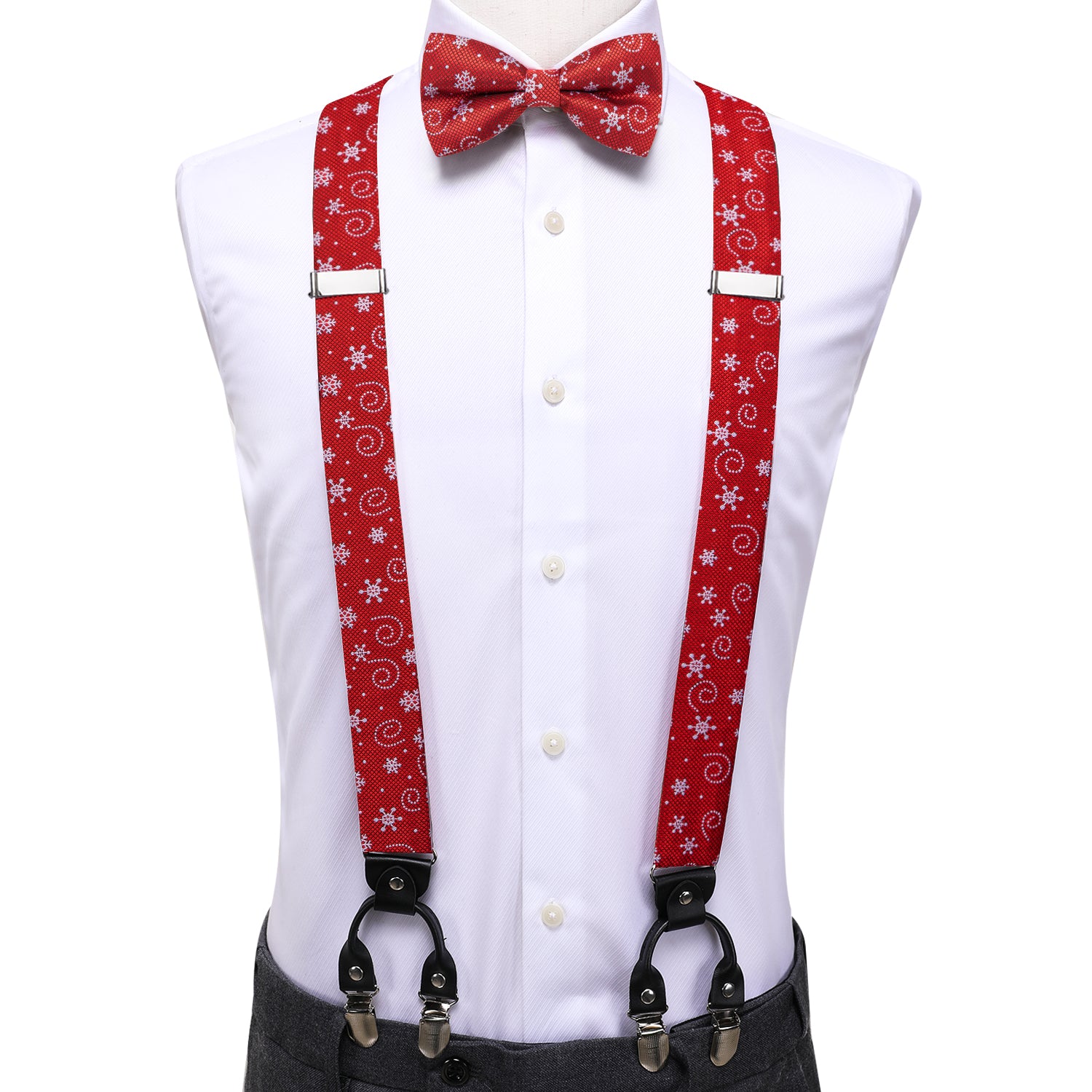 Red White Christmas Novelty Suspender Bowtie Hanky Cufflinks Set