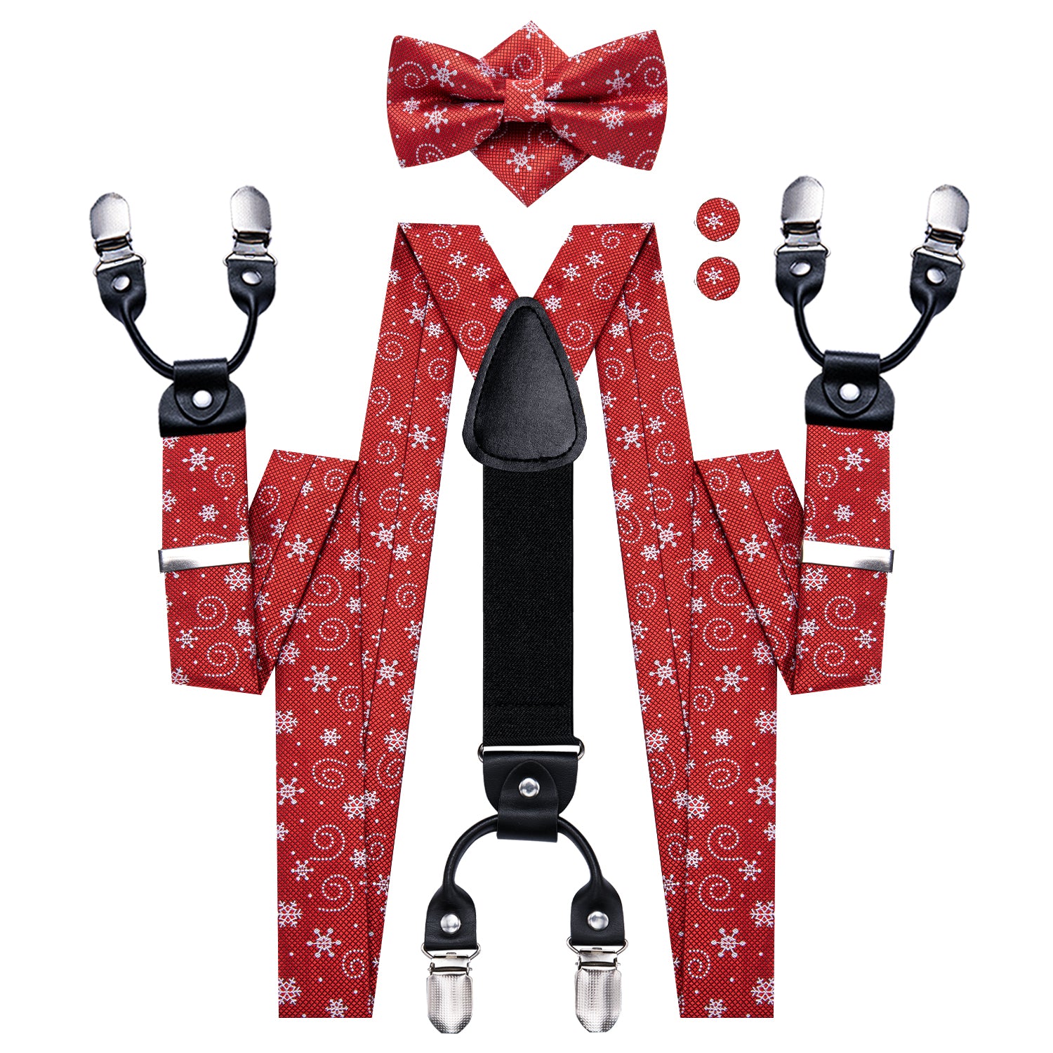 Red White Christmas Novelty Suspender Bowtie Hanky Cufflinks Set