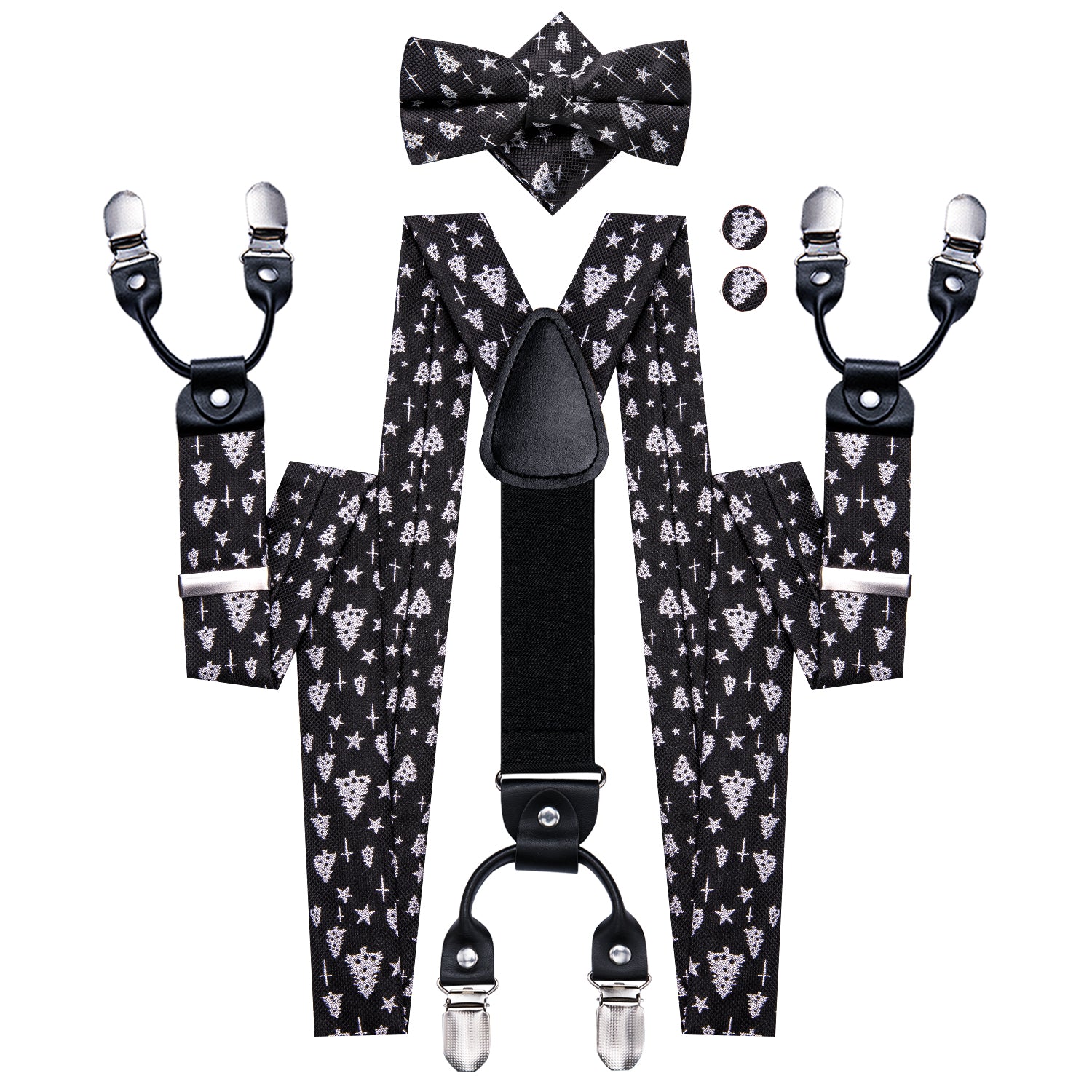 Black White Christmas Tree Suspender Bowtie Hanky Cufflinks Set