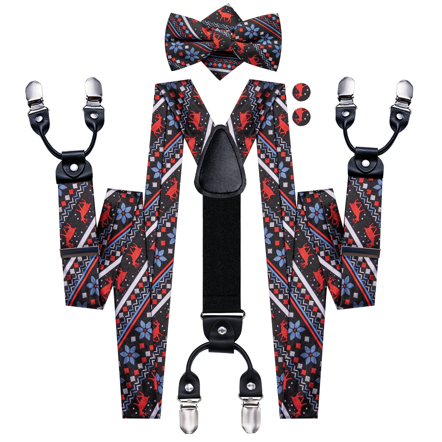 Christmas Black Red Novelty Suspender Bowtie Hanky Cufflinks Set
