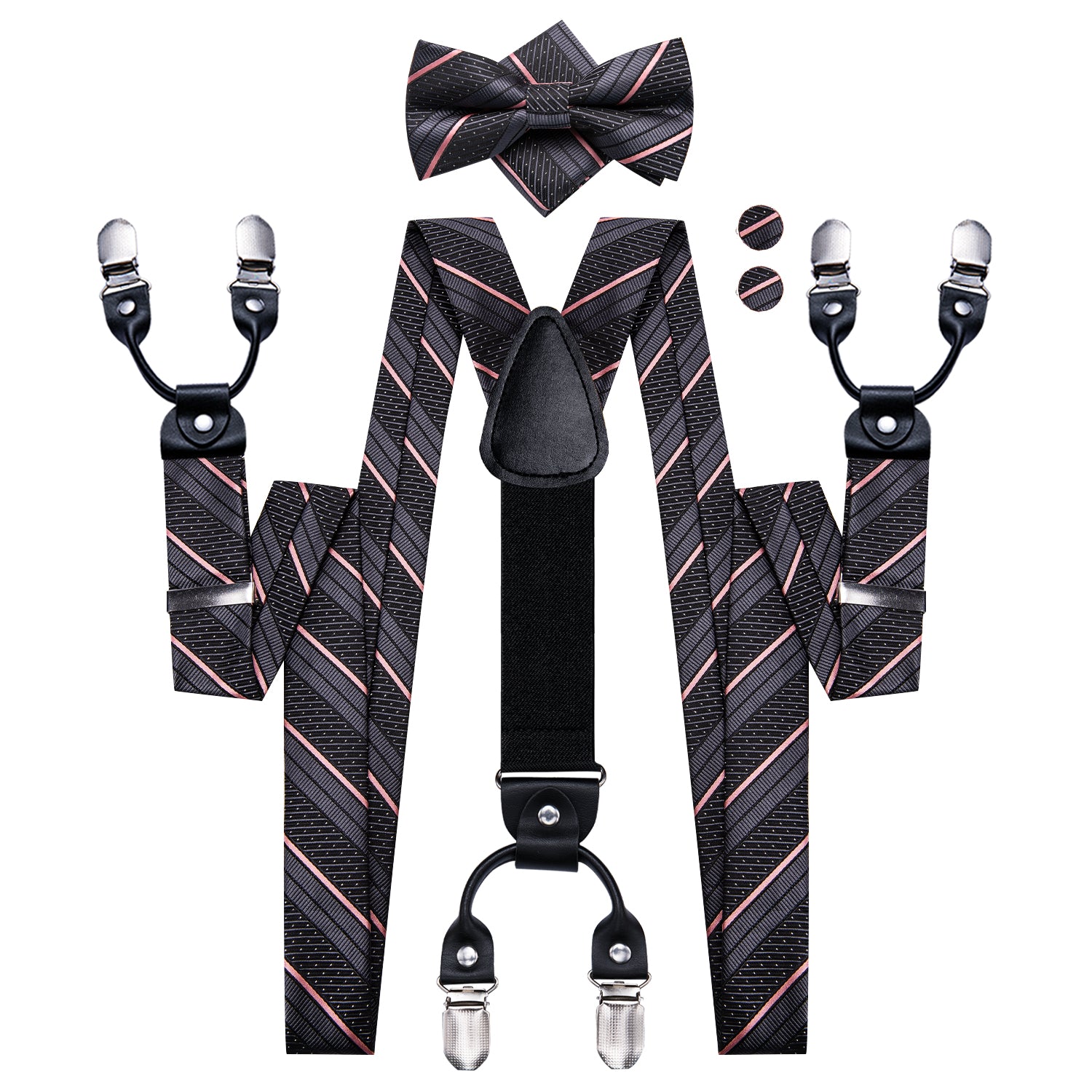 Pink Black Striped Suspender Bowtie Hanky Cufflinks Set