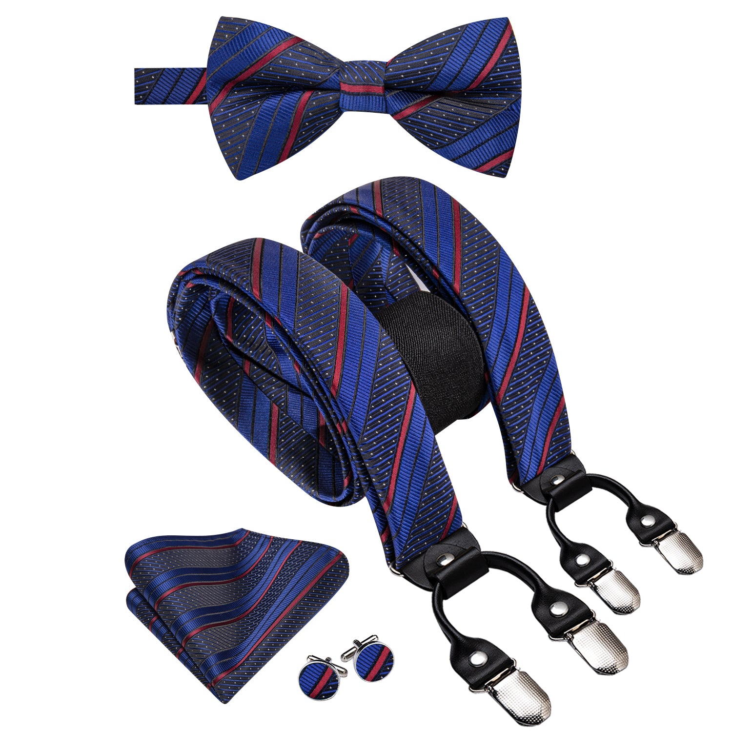 Blue Red Striped Suspender Bowtie Hanky Cufflinks Set