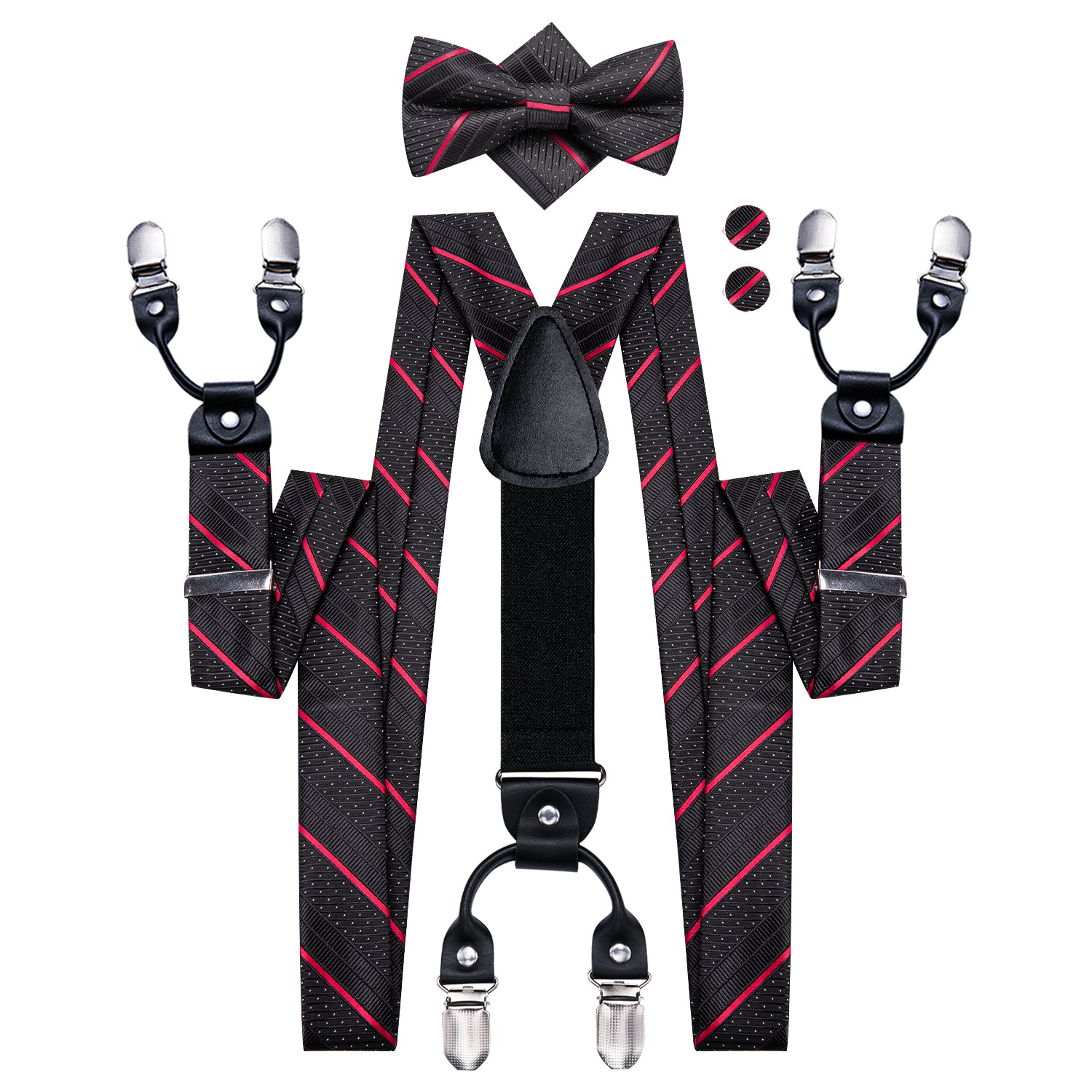Black Red Striped Suspender Bowtie Hanky Cufflinks Set
