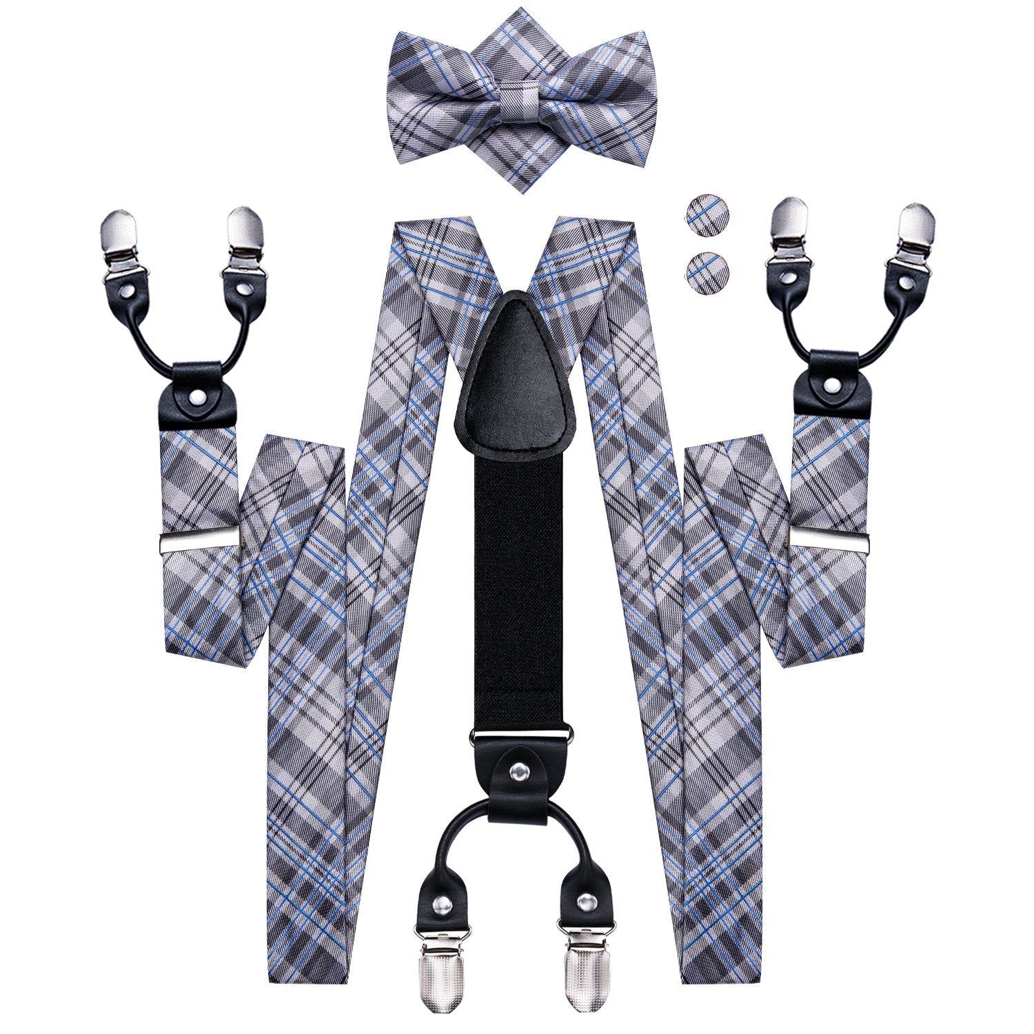 Grey Blue Plaid Suspender Bowtie Hanky Cufflinks Set