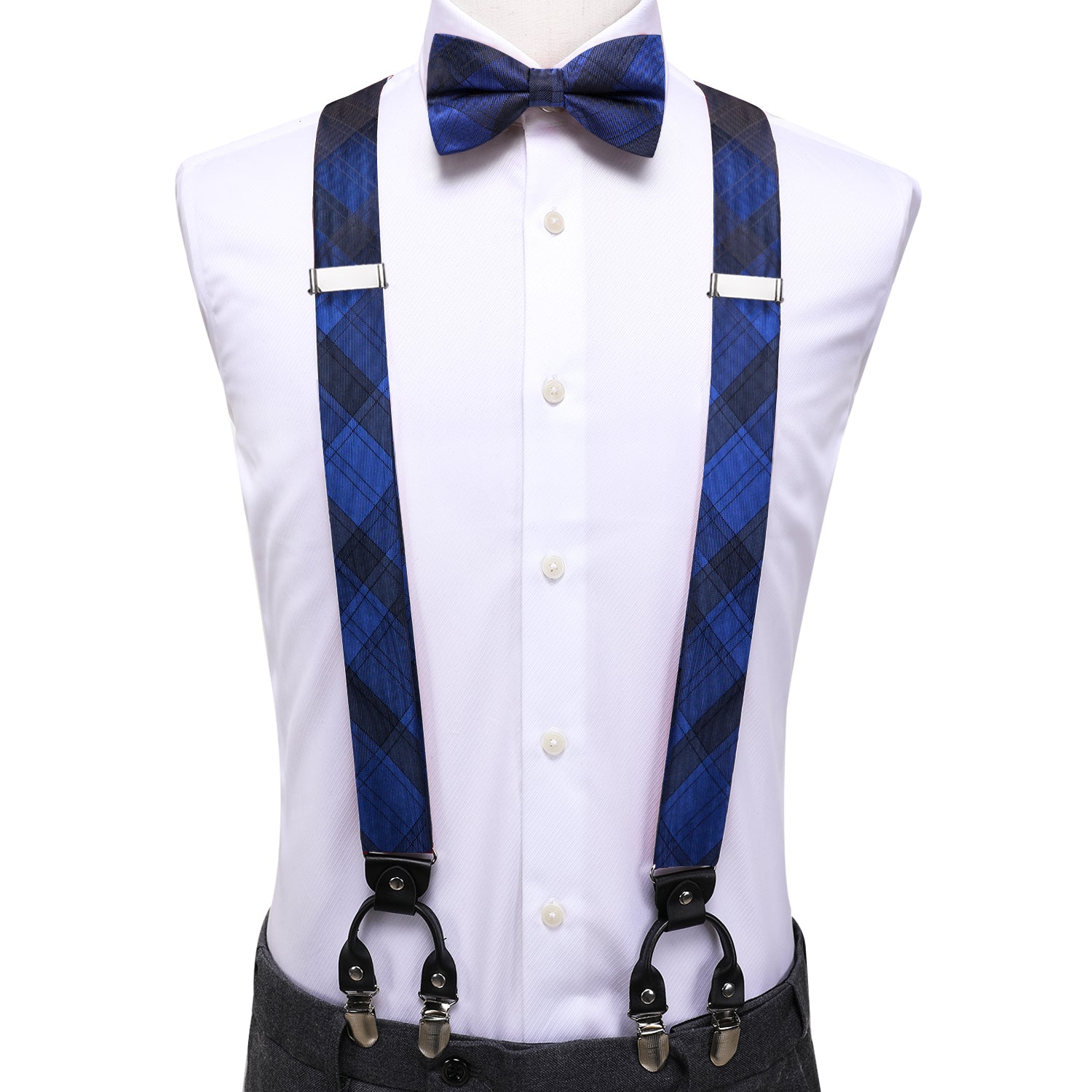 Blue Black Plaid Suspender Bowtie Hanky Cufflinks Set