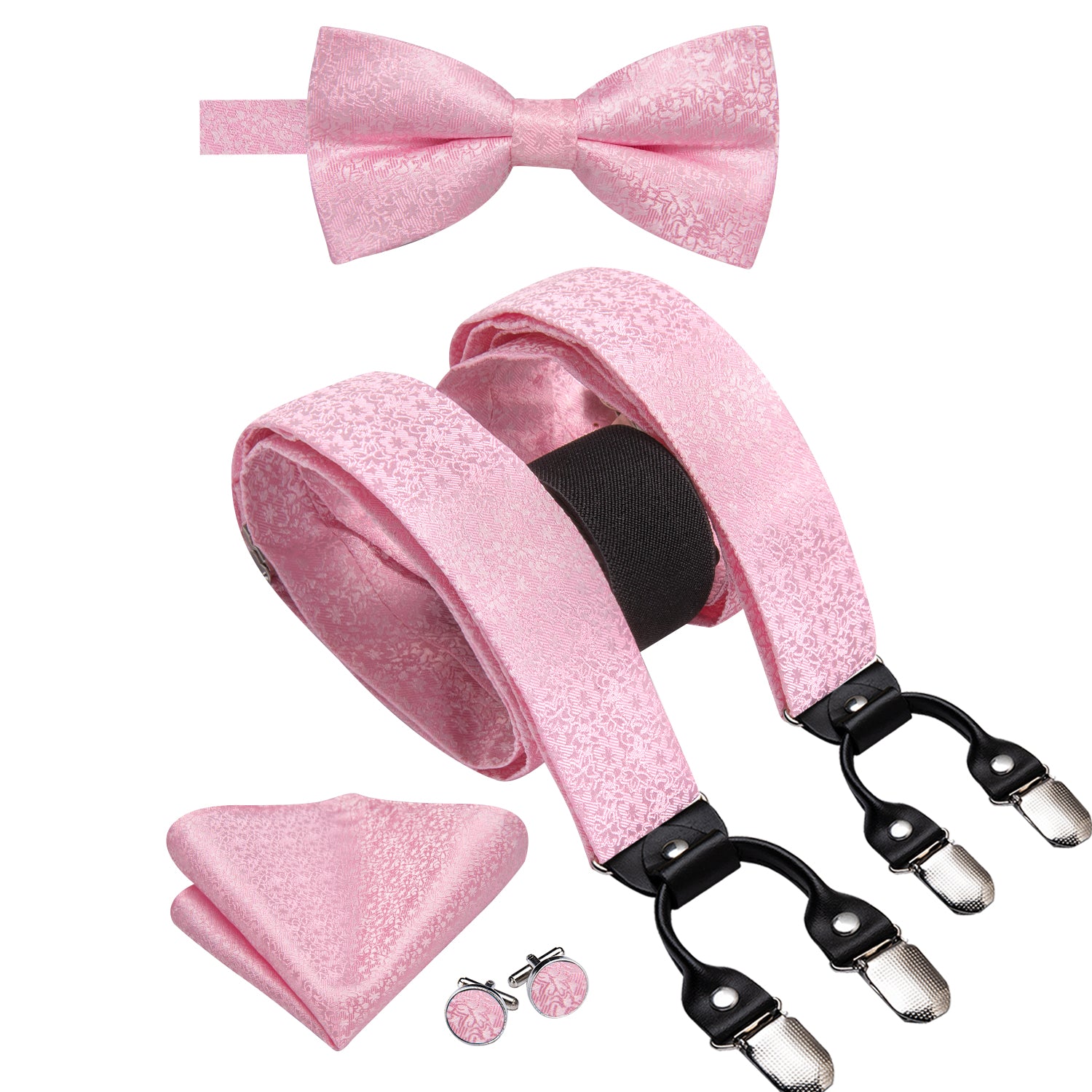Pink Floral Suspender Bowtie Hanky Cufflinks Set