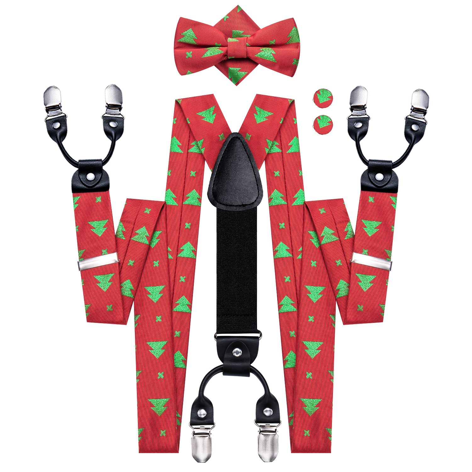 Red Green Christmas Tree Suspender Bowtie Hanky Cufflinks Set