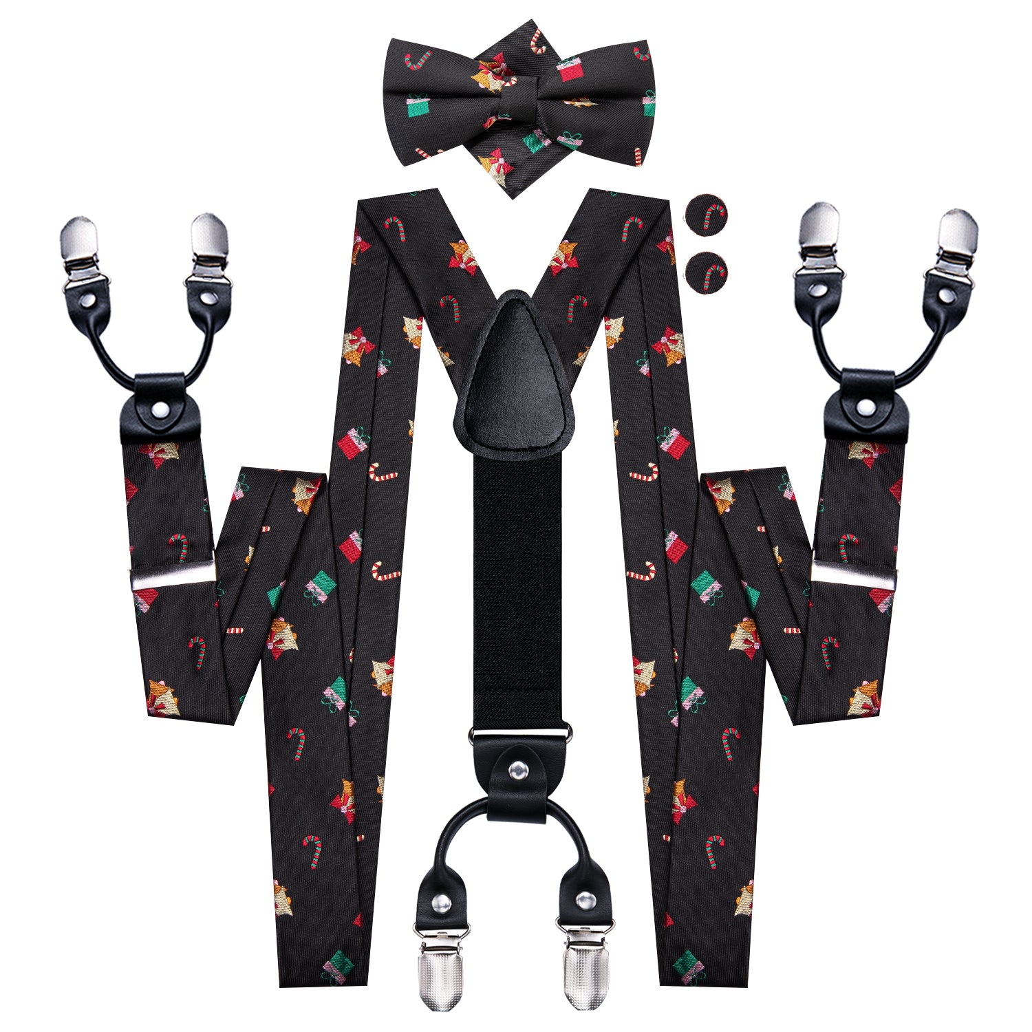 Black Christmas Novelty Suspender Bowtie Hanky Cufflinks Set