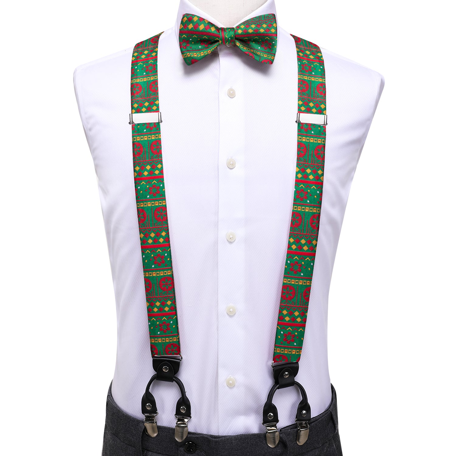 Christmas Green Red Novelty Suspender Bowtie Hanky Cufflinks Set