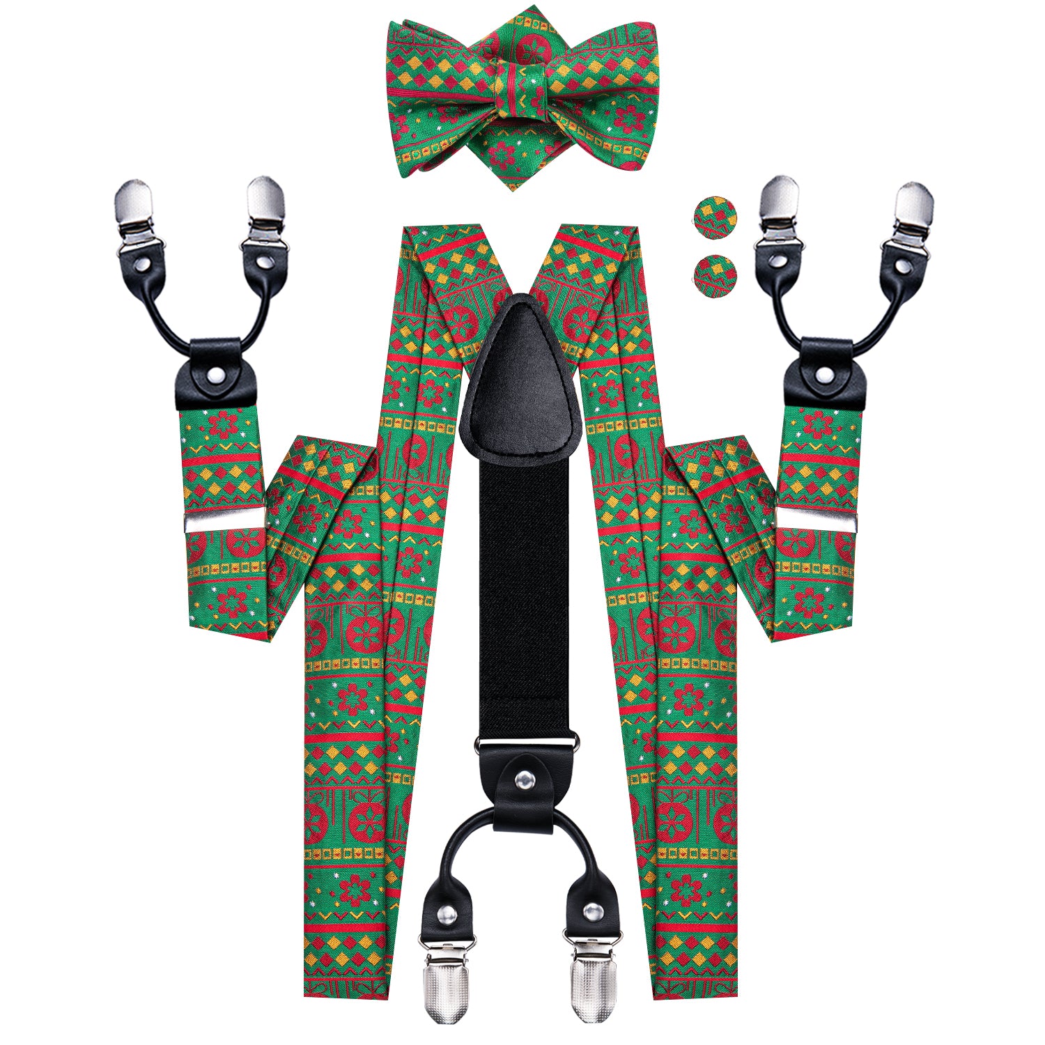 Christmas Green Red Novelty Suspender Bowtie Hanky Cufflinks Set