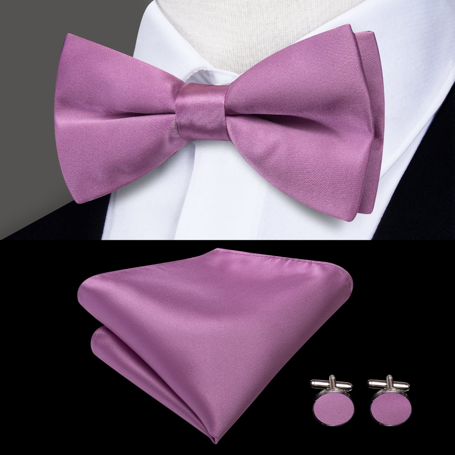 Purple Solid Suspender Bowtie Hanky Cufflinks Set