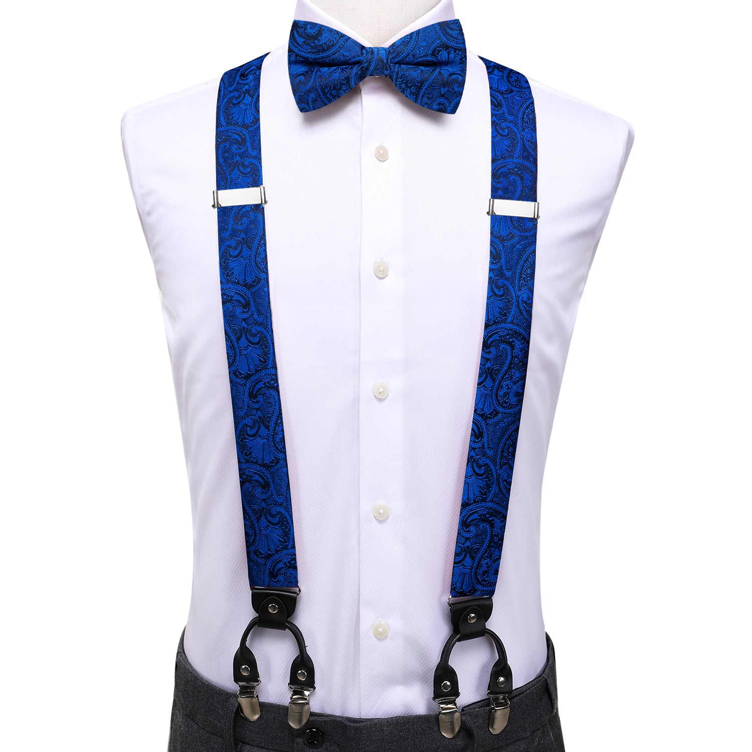 Deep Blue Paisley Novelty Suspender Bowtie Hanky Cufflinks Set