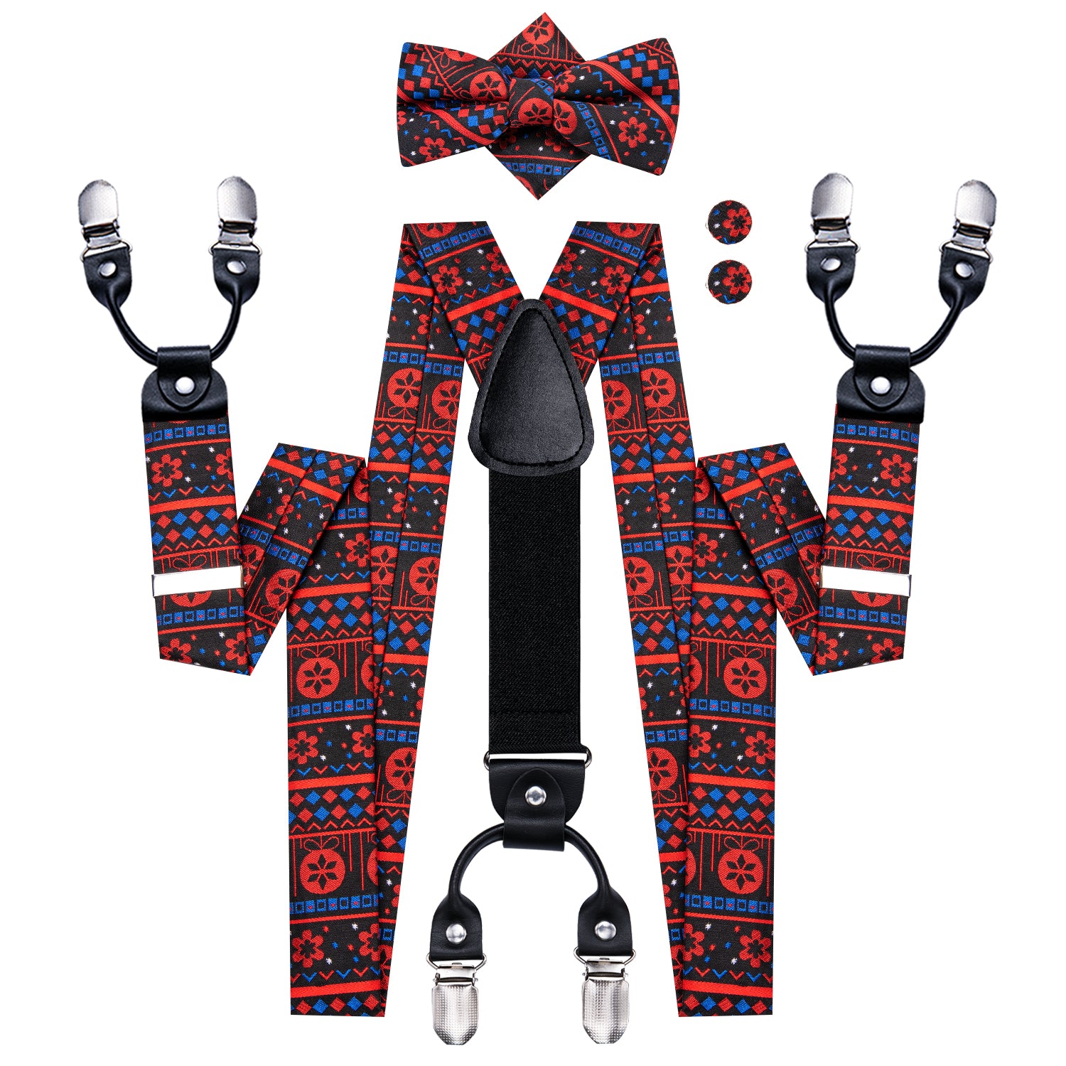 Christmas Red Black Novelty Suspender Bowtie Hanky Cufflinks Set