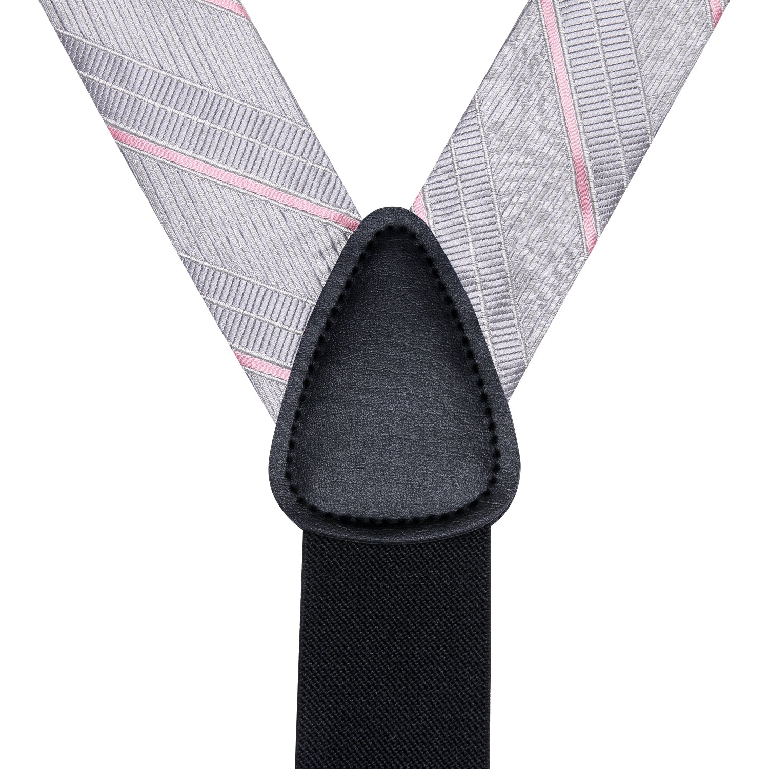 Grey Pink Striped Suspender Bowtie Hanky Cufflinks Set