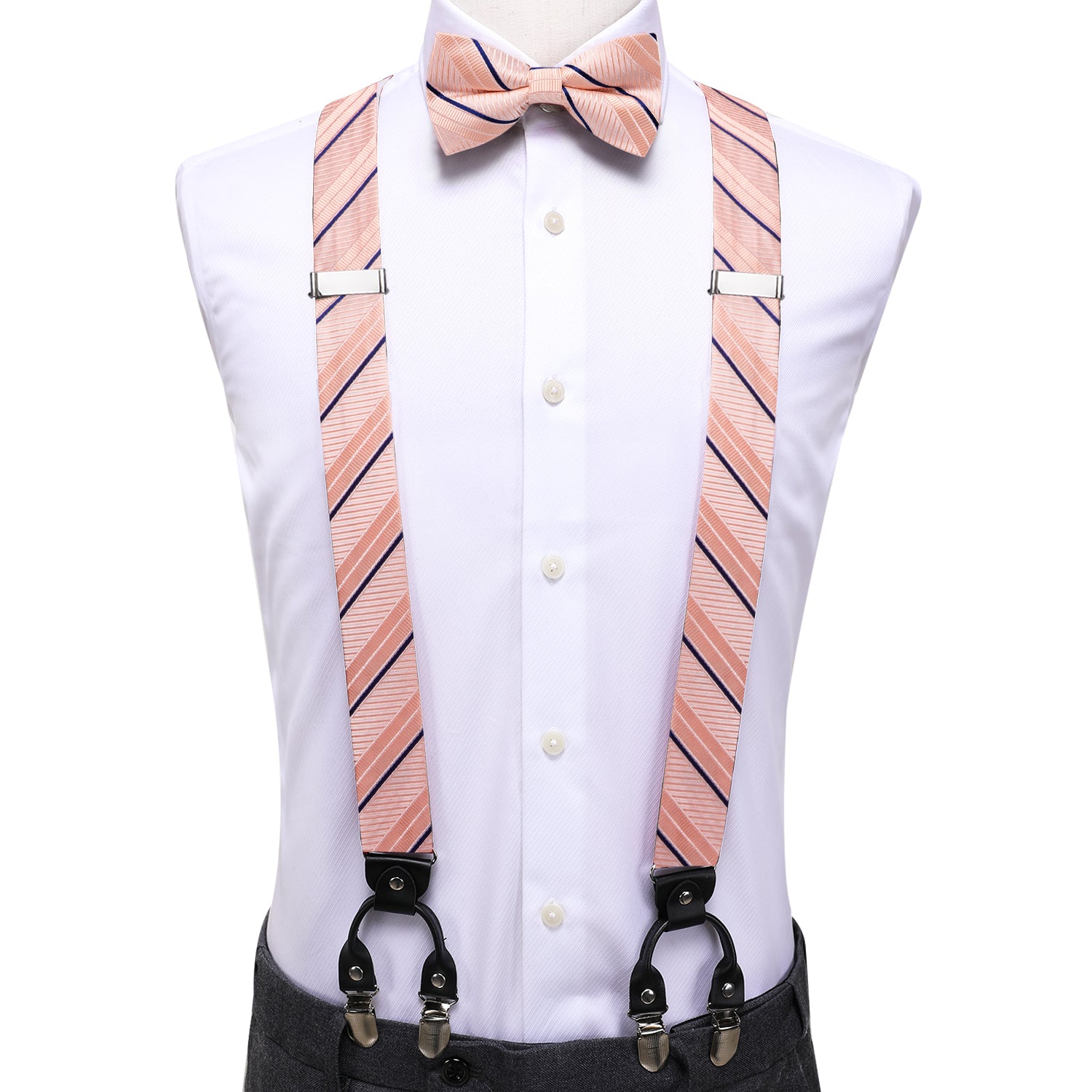 Pink Blue Striped Suspender Bowtie Hanky Cufflinks Set