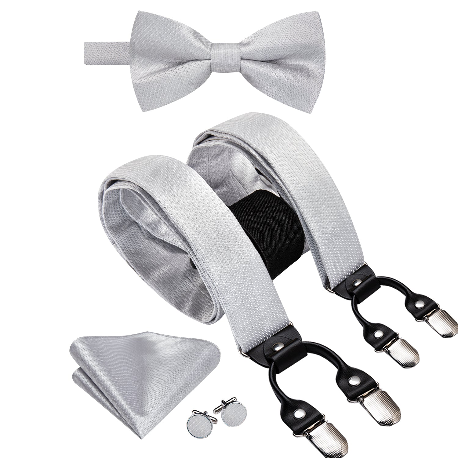 Silver Solid Suspender Bowtie Hanky Cufflinks Set