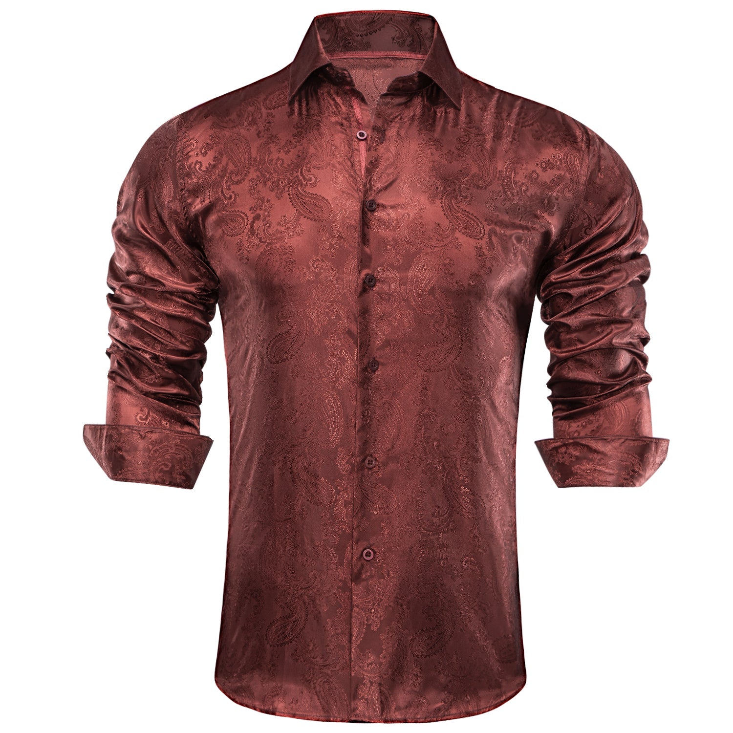 Brown Red Paisley Silk Men's Long Sleeve Shirt