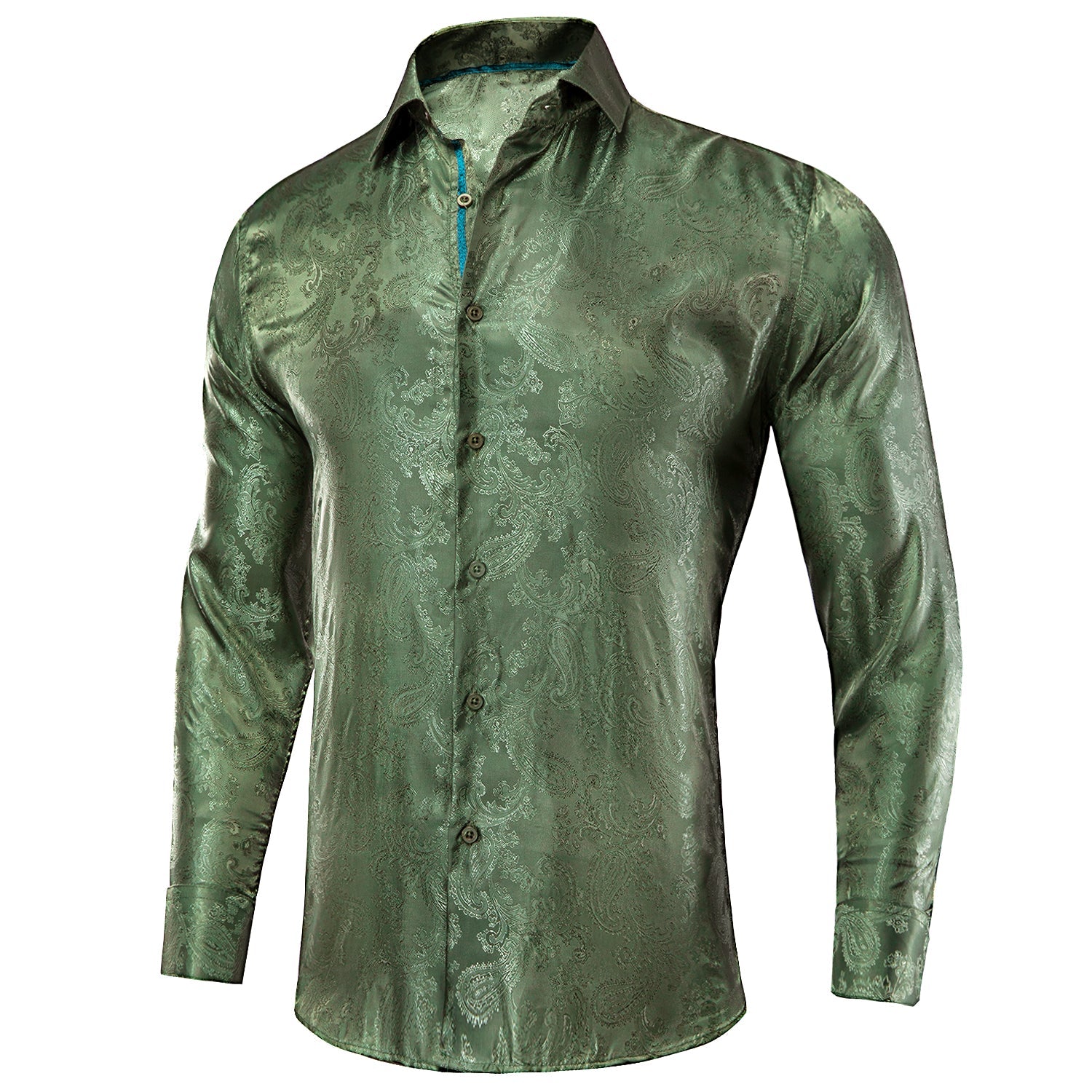 New Olive Green Paisley Silk Men's Long Sleeve Shirt