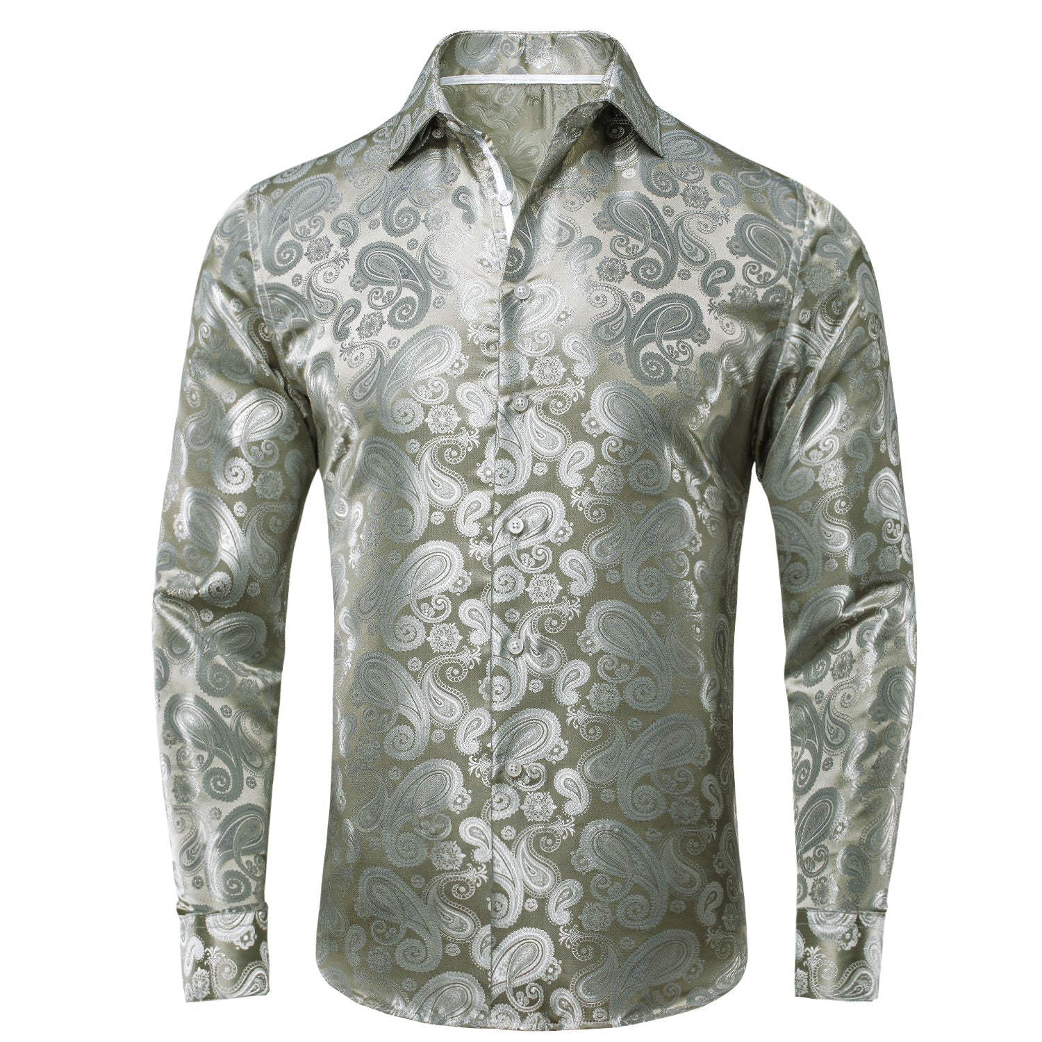 New Grey Silver Paisley Silk Men's Long Sleeve Shirt