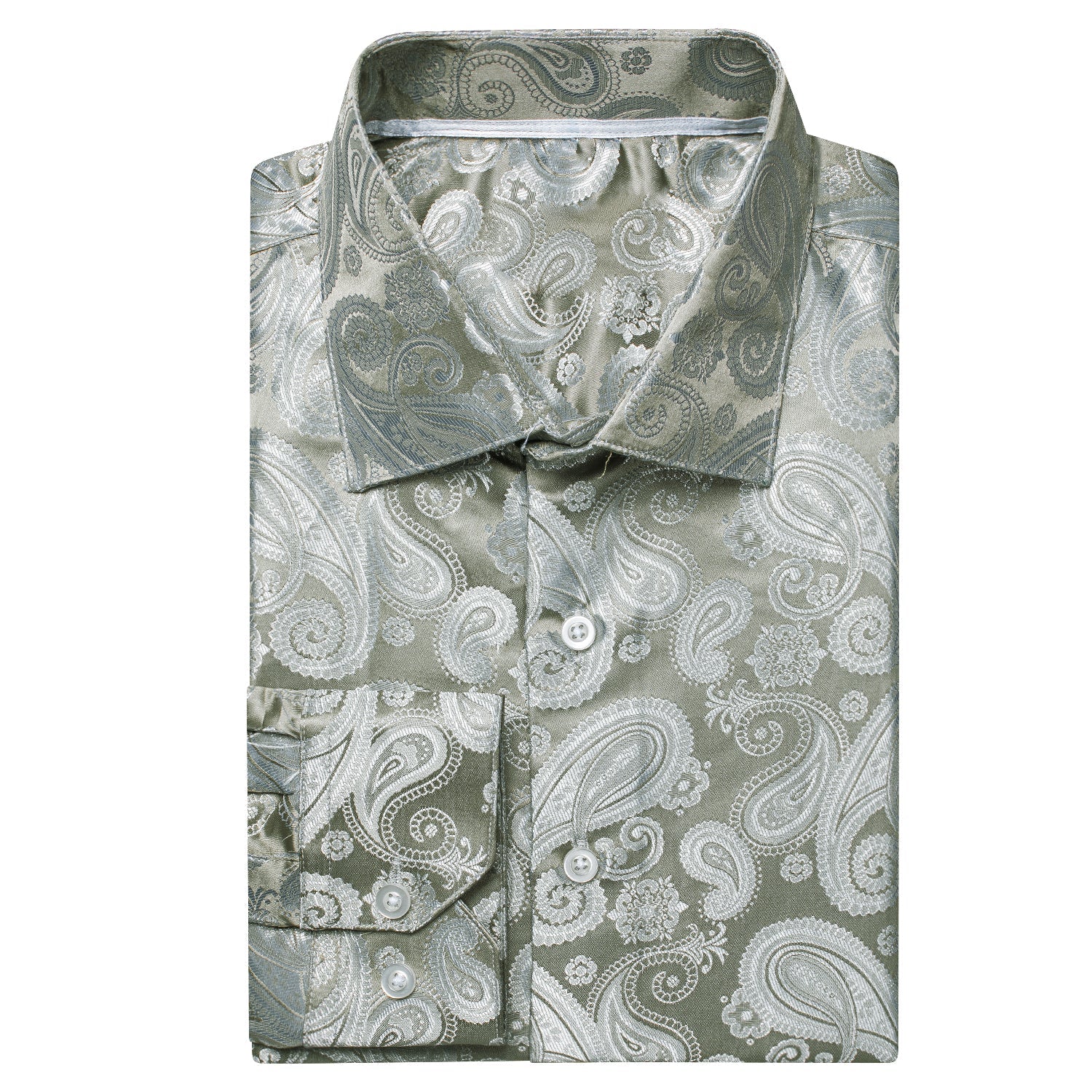 Grey Silver Paisley Silk Men's Long Sleeve Shirt