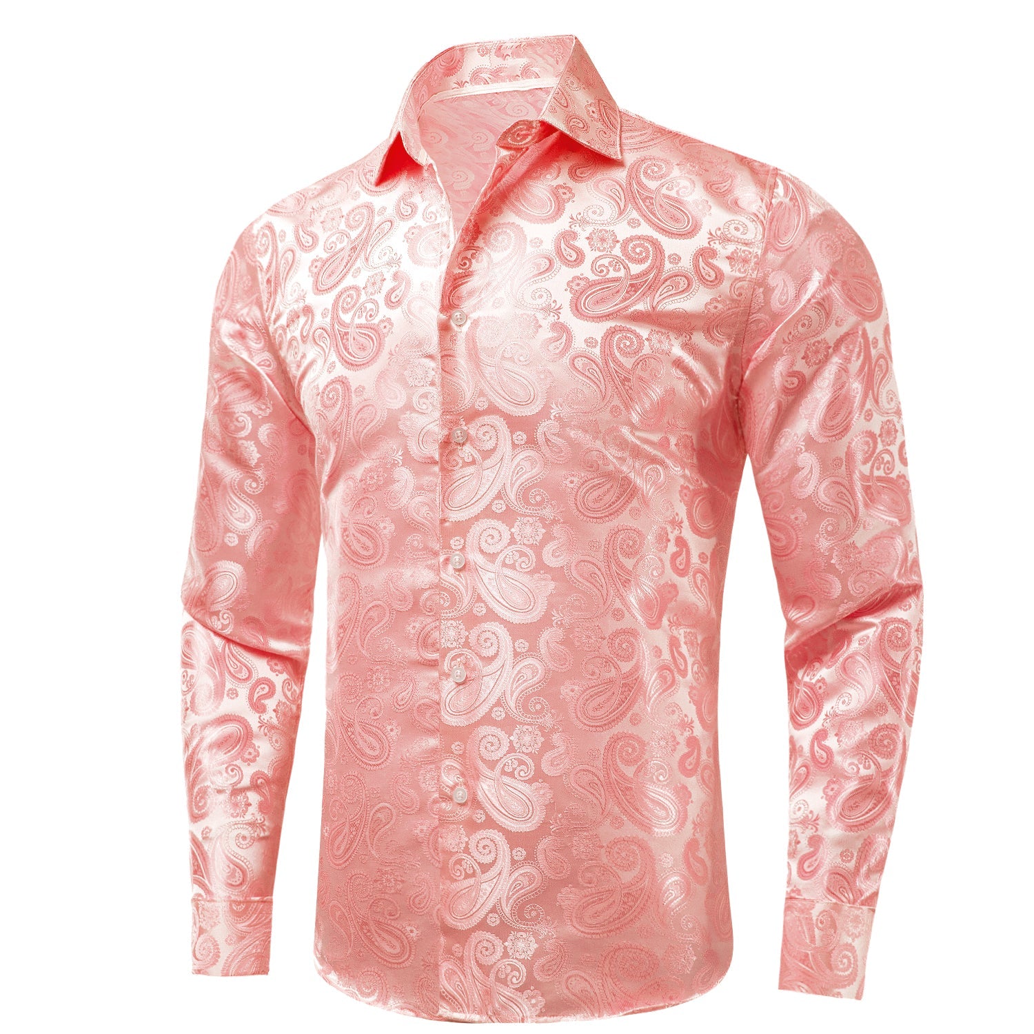New Coral Pink Paisley Silk Men's Long Sleeve Shirt Casual