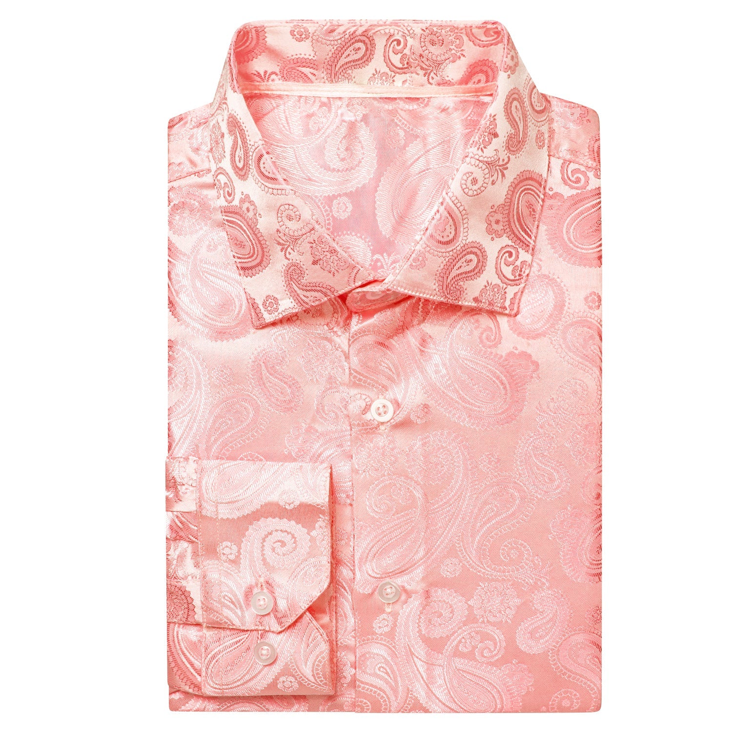 Coral Pink Paisley Silk Men's Long Sleeve Shirt Casual