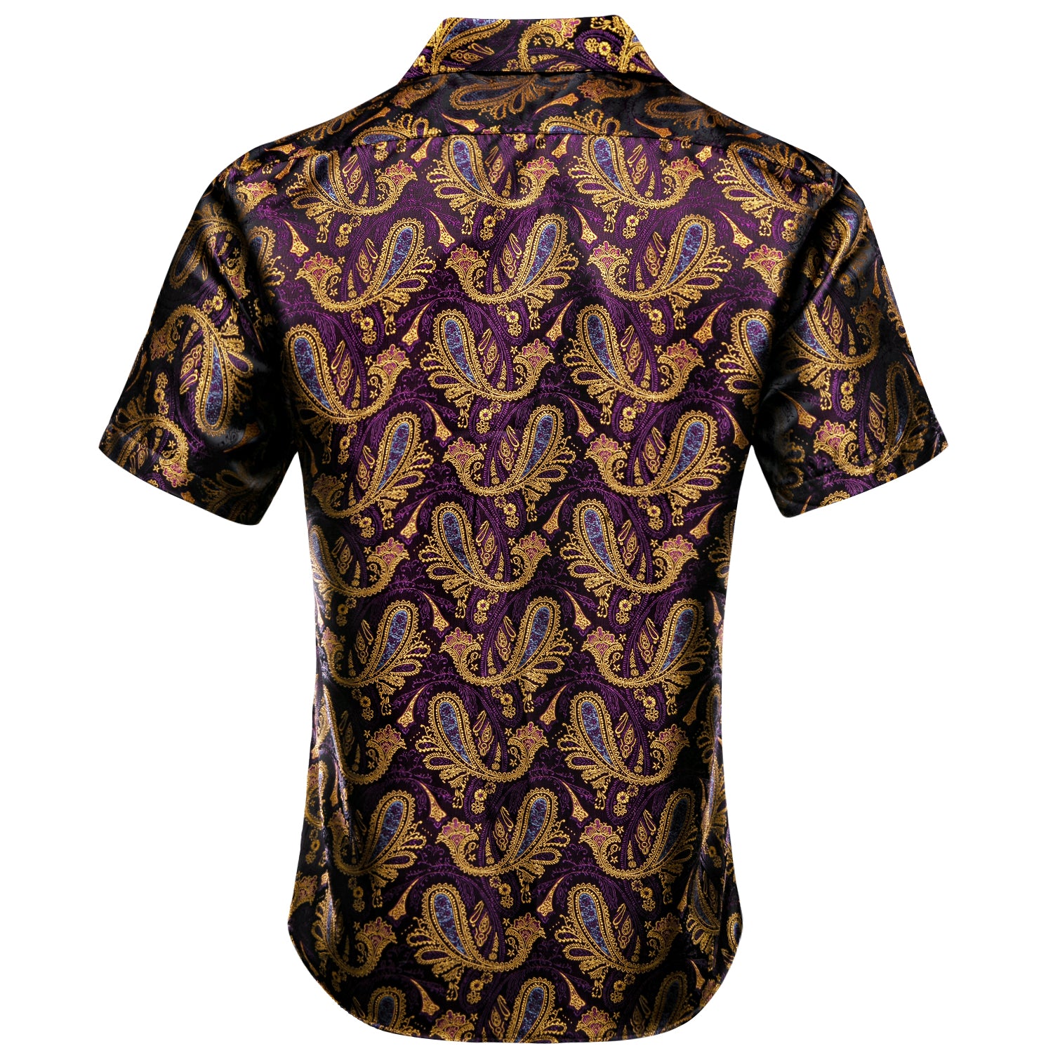 New Golden Purple Paisley Silk Men's Short Sleeve Shirt