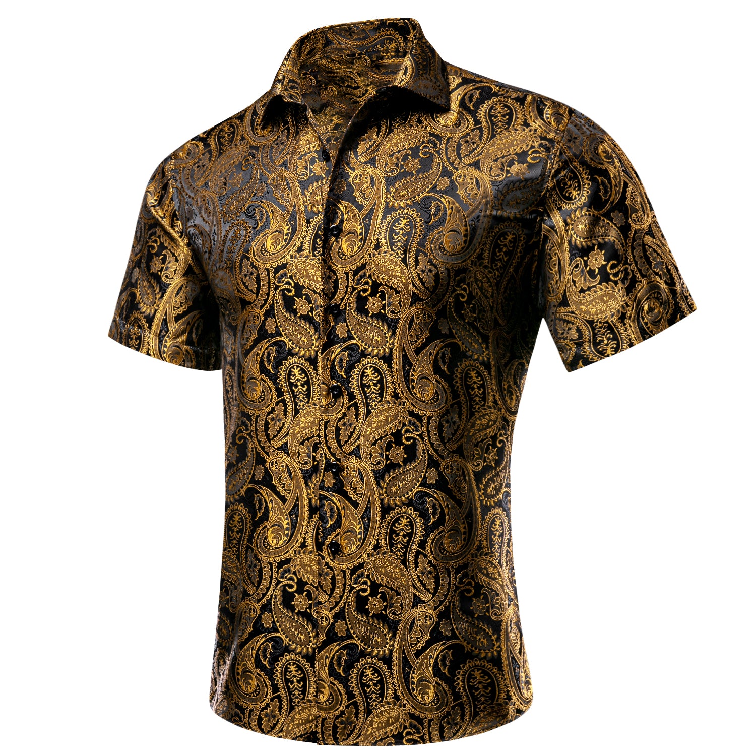 Black Golden Paisley Silk Men's Short Sleeve Shirt