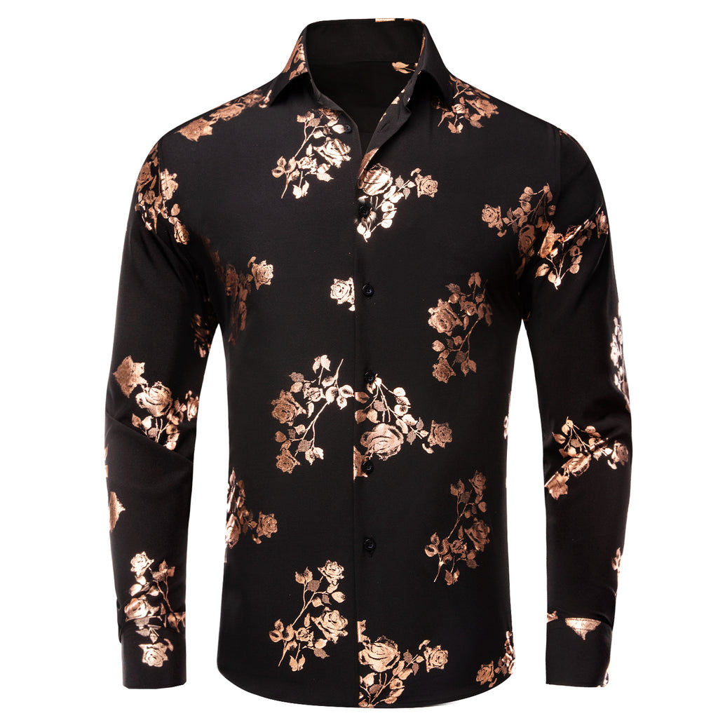 slim fit dress slacks Hi-Tie Black Floral Top Rose Gold Floral Silk Men's Long Sleeve Shirt, XL
