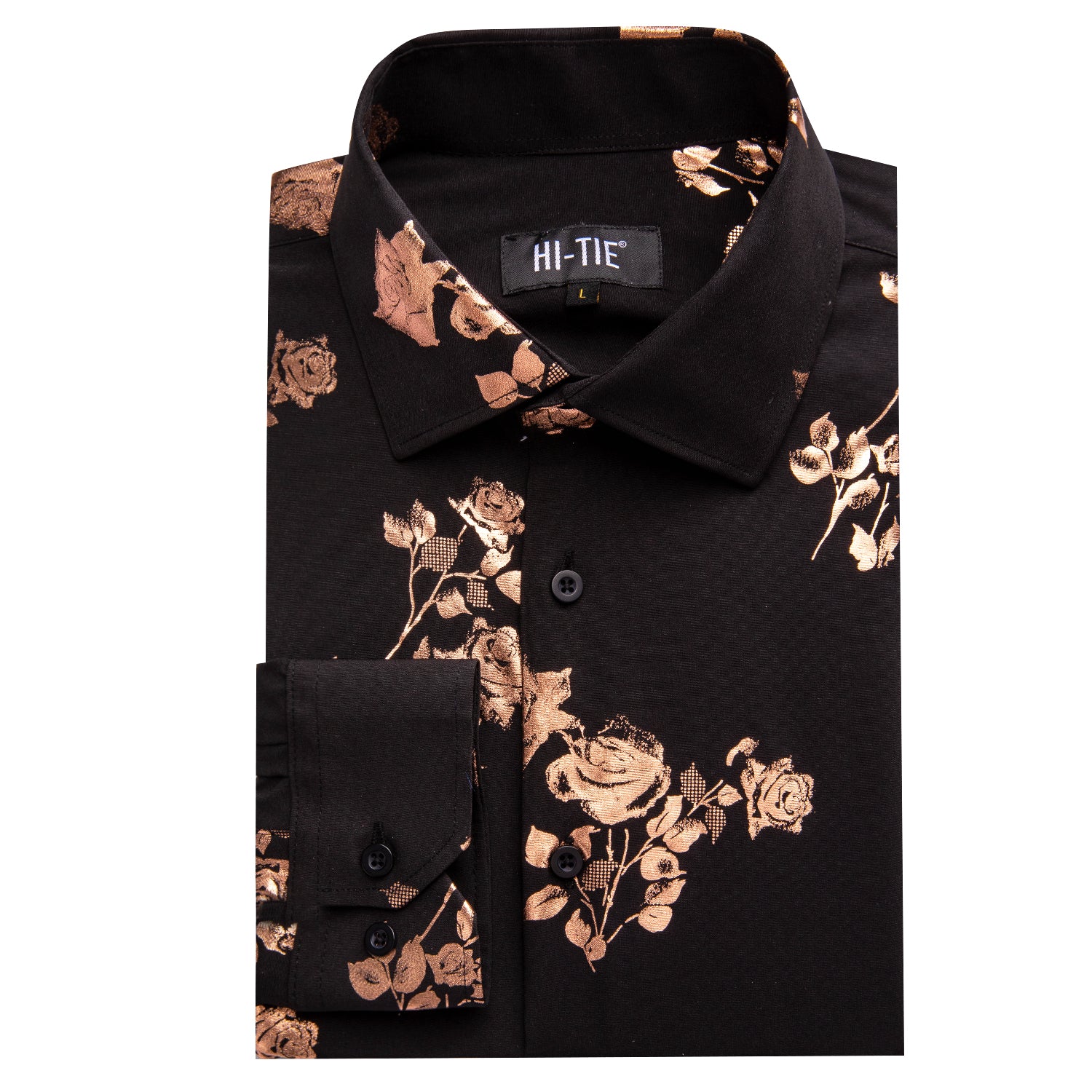 New Black Rose Gold Floral Silk Men's Long Sleeve Shirt