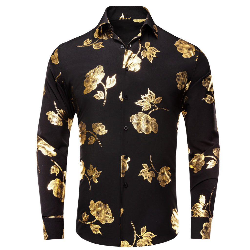 Hi-Tie Black Shirt Gold Floral Silk Men's Long Sleeve Shirt, 2XL