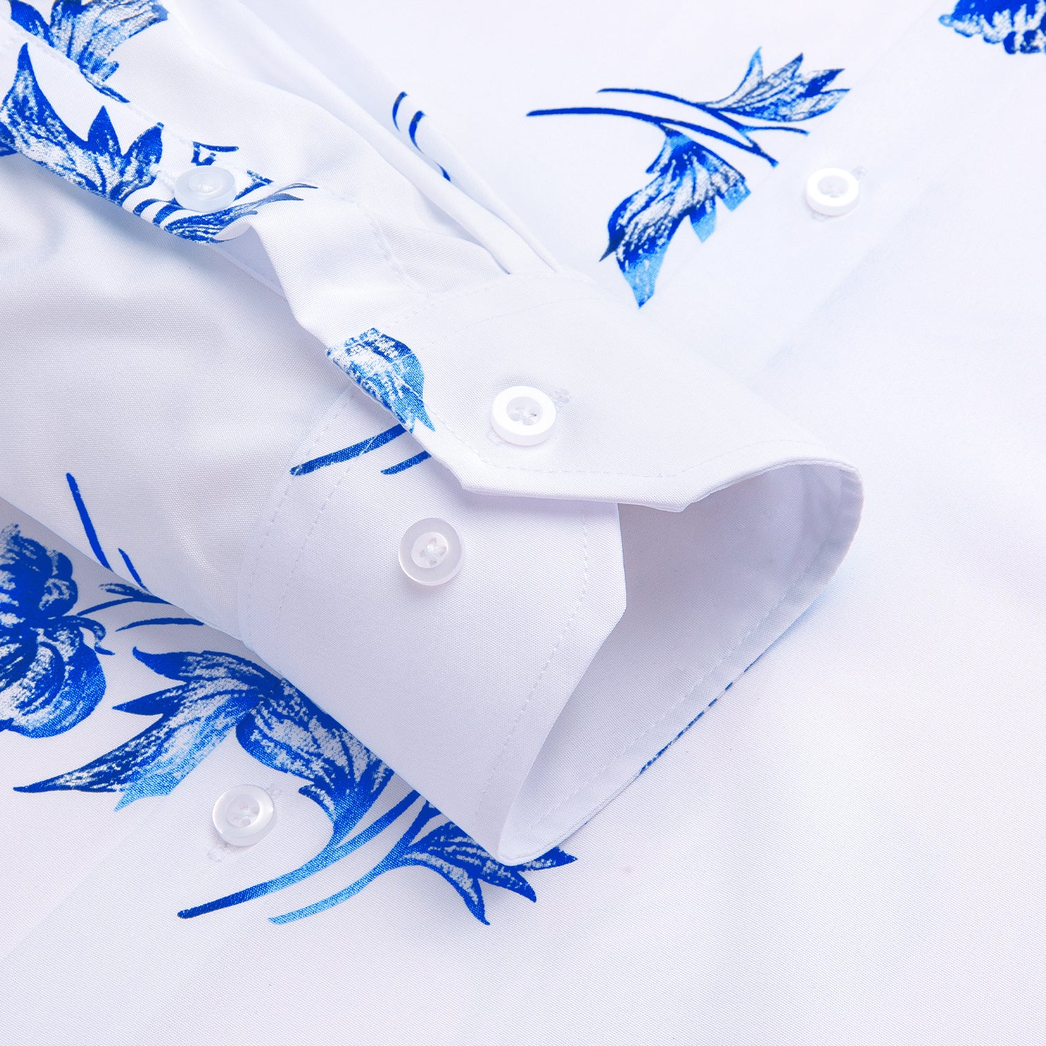 New White Blue Floral Silk Men's Long Sleeve Shirt