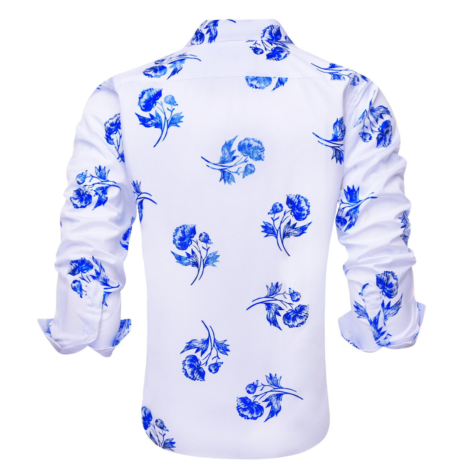 New White Blue Floral Silk Men's Long Sleeve Shirt