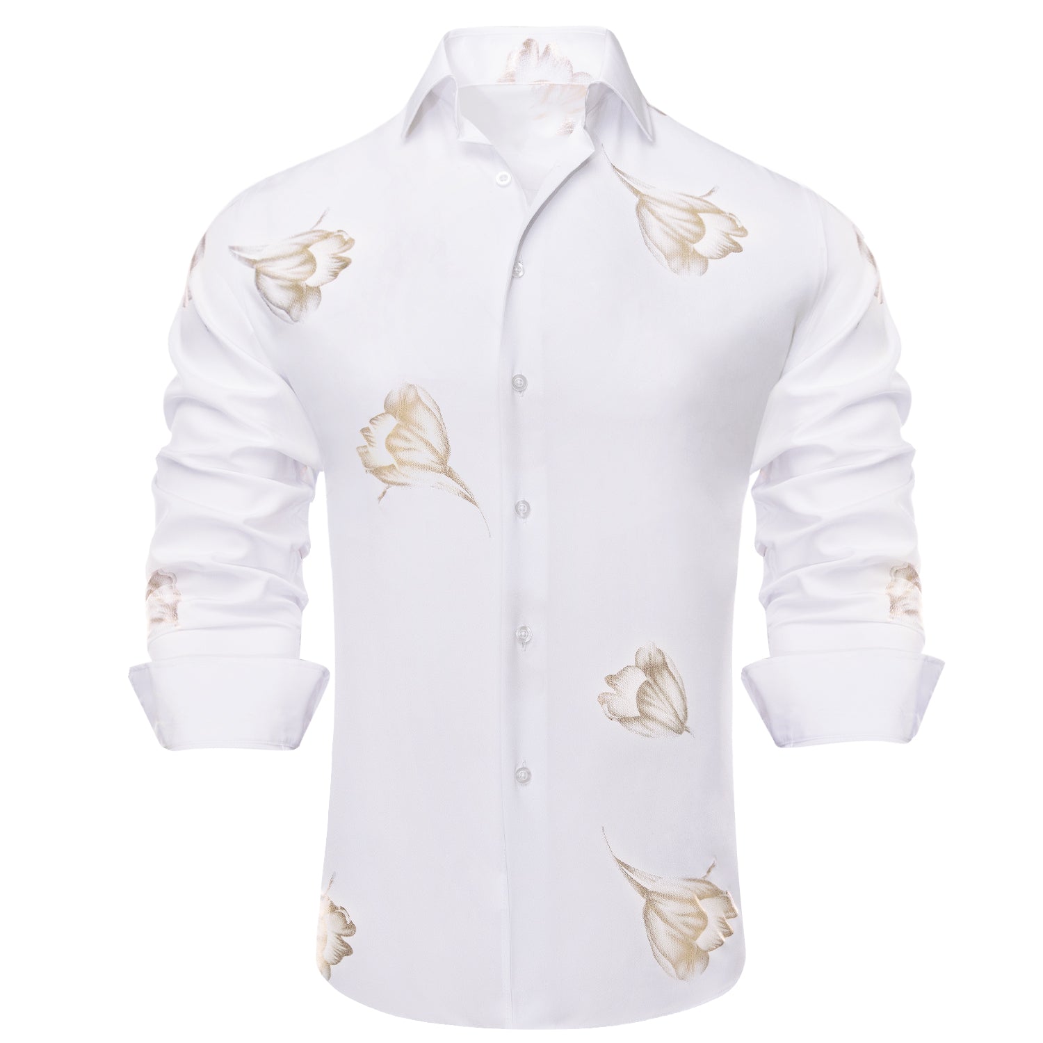 New White Golden Floral Silk Men's Long Sleeve Shirt