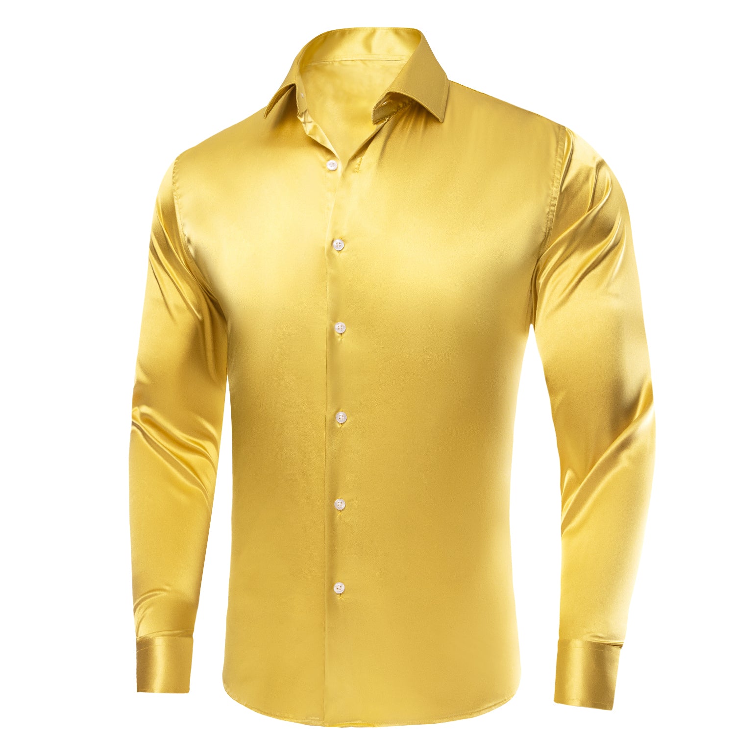 Yellow Solid Satin Silk Men's Long Sleeve Dress Shirt