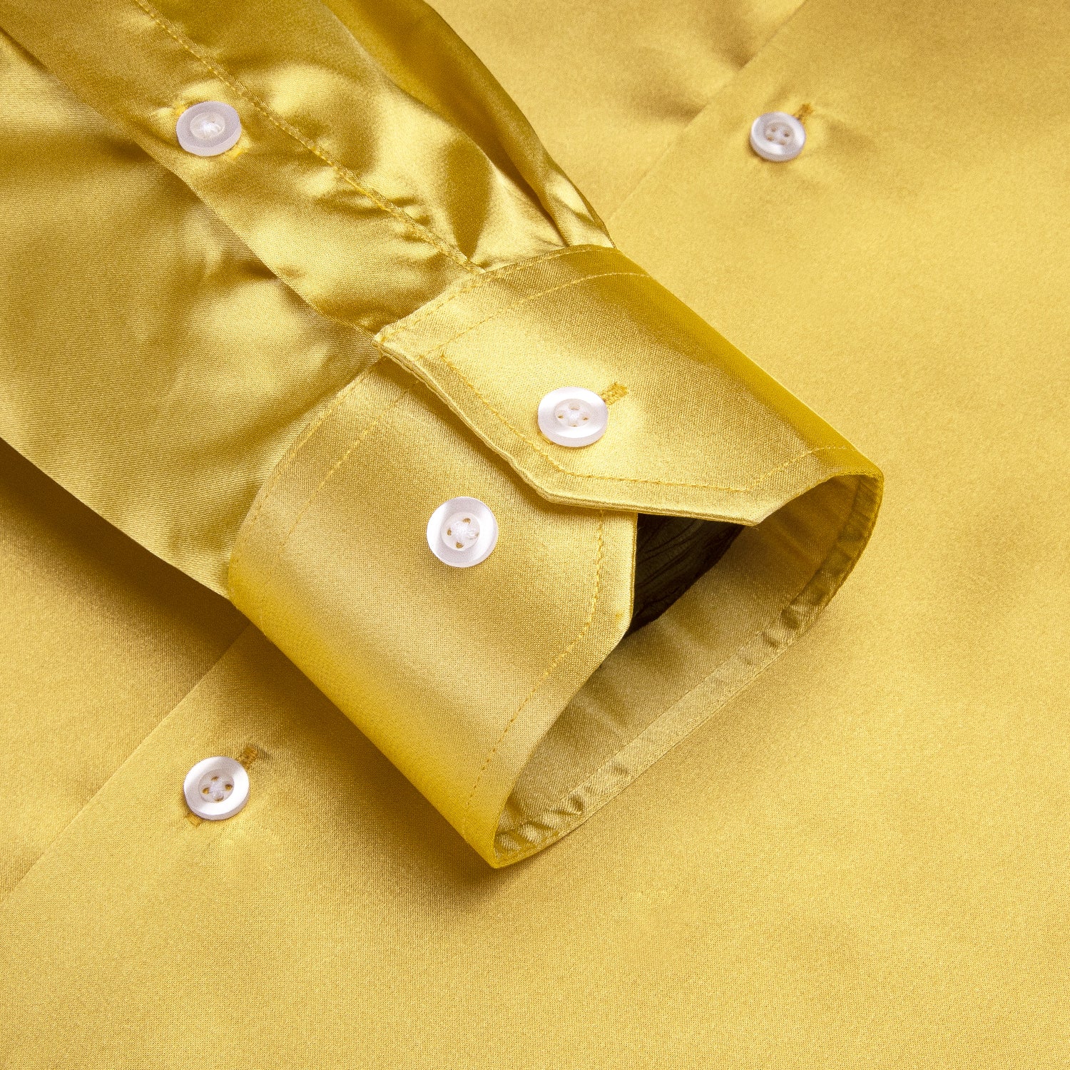 Yellow Solid Satin Silk Men's Long Sleeve Dress Shirt