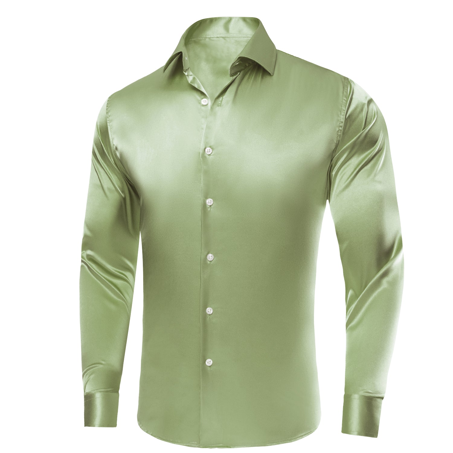 Avocado Green Solid Satin Silk Men's Long Sleeve Dress Shirt