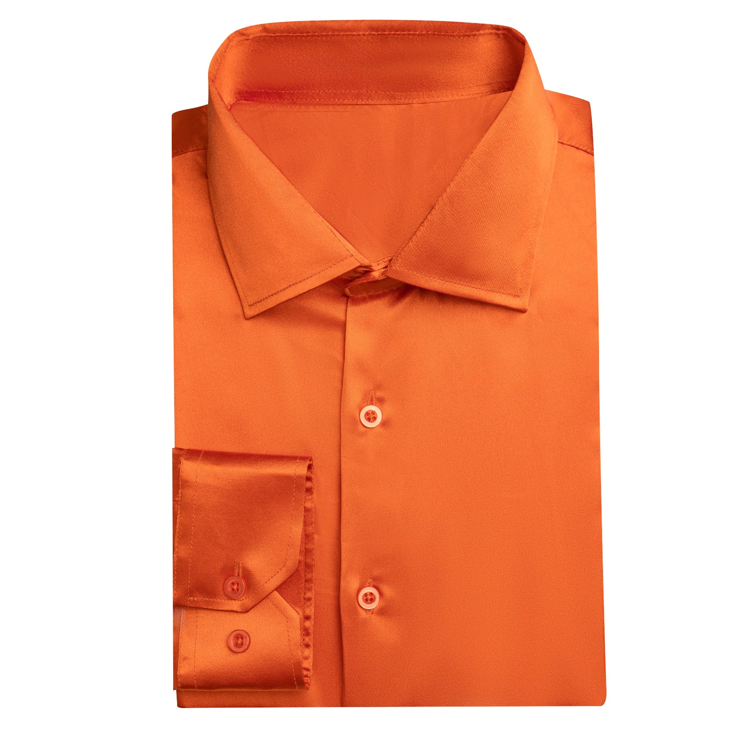 Orange Solid Satin Silk Men's Long Sleeve Dress Shirt