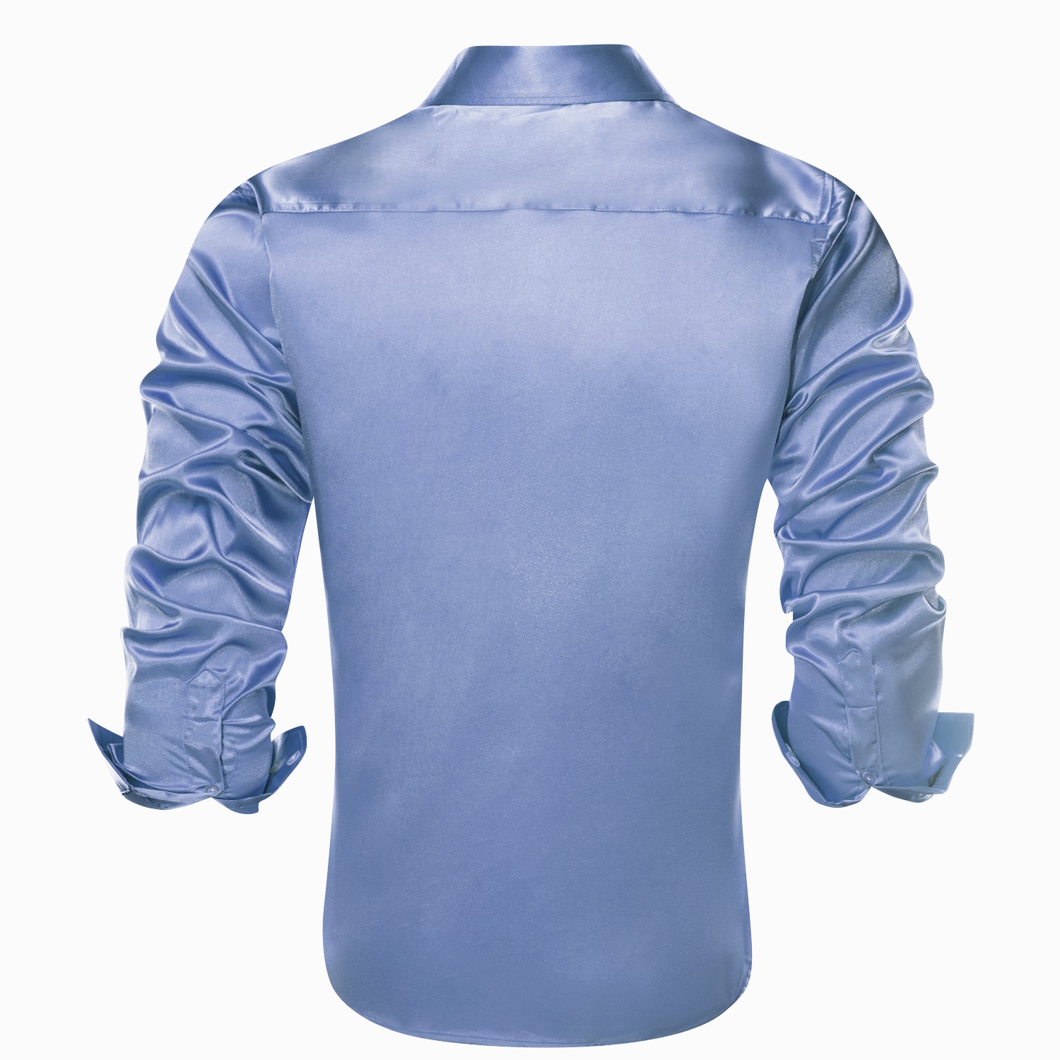 Blue Solid Satin Silk Men's Long Sleeve Dress Shirt
