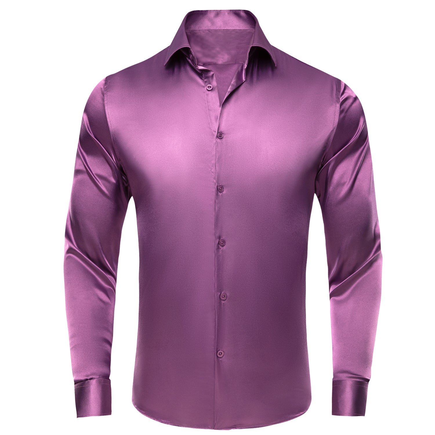 Violet Purple Solid Satin Silk Men's Long Sleeve Dress Shirt