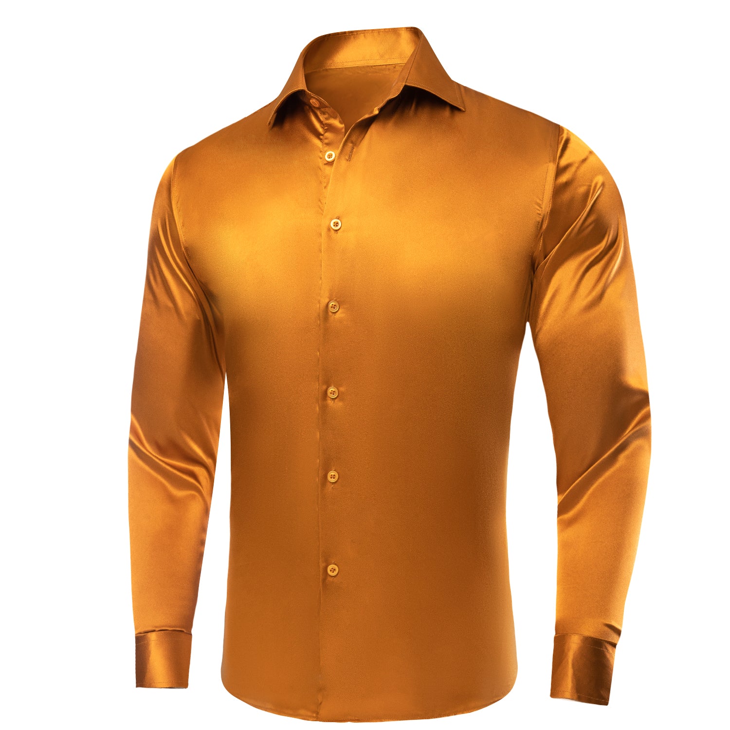 Golden Yellow Solid Satin Silk Men's Long Sleeve Dress Shirt