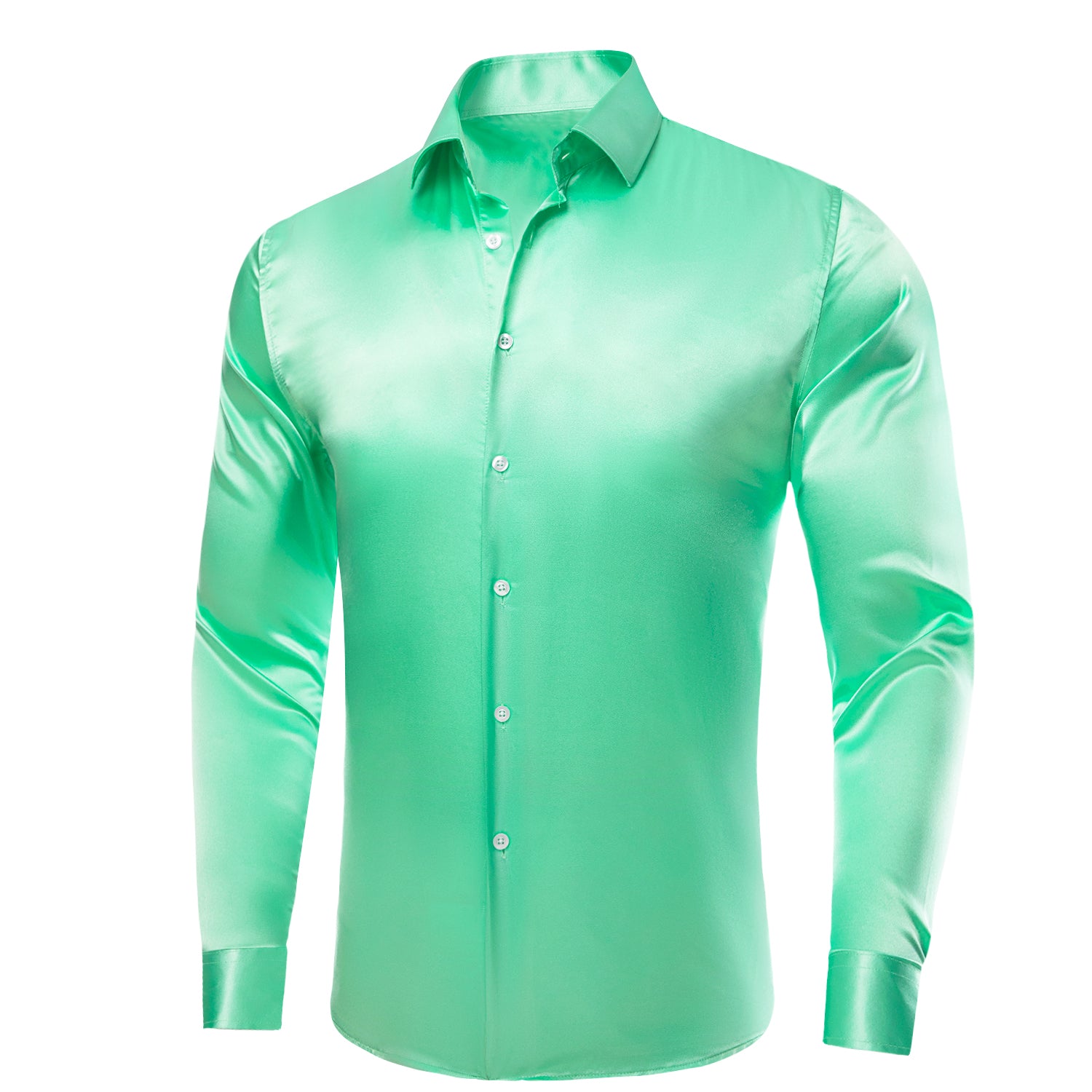 Mint Green Solid Satin Silk Men's Long Sleeve Dress Shirt